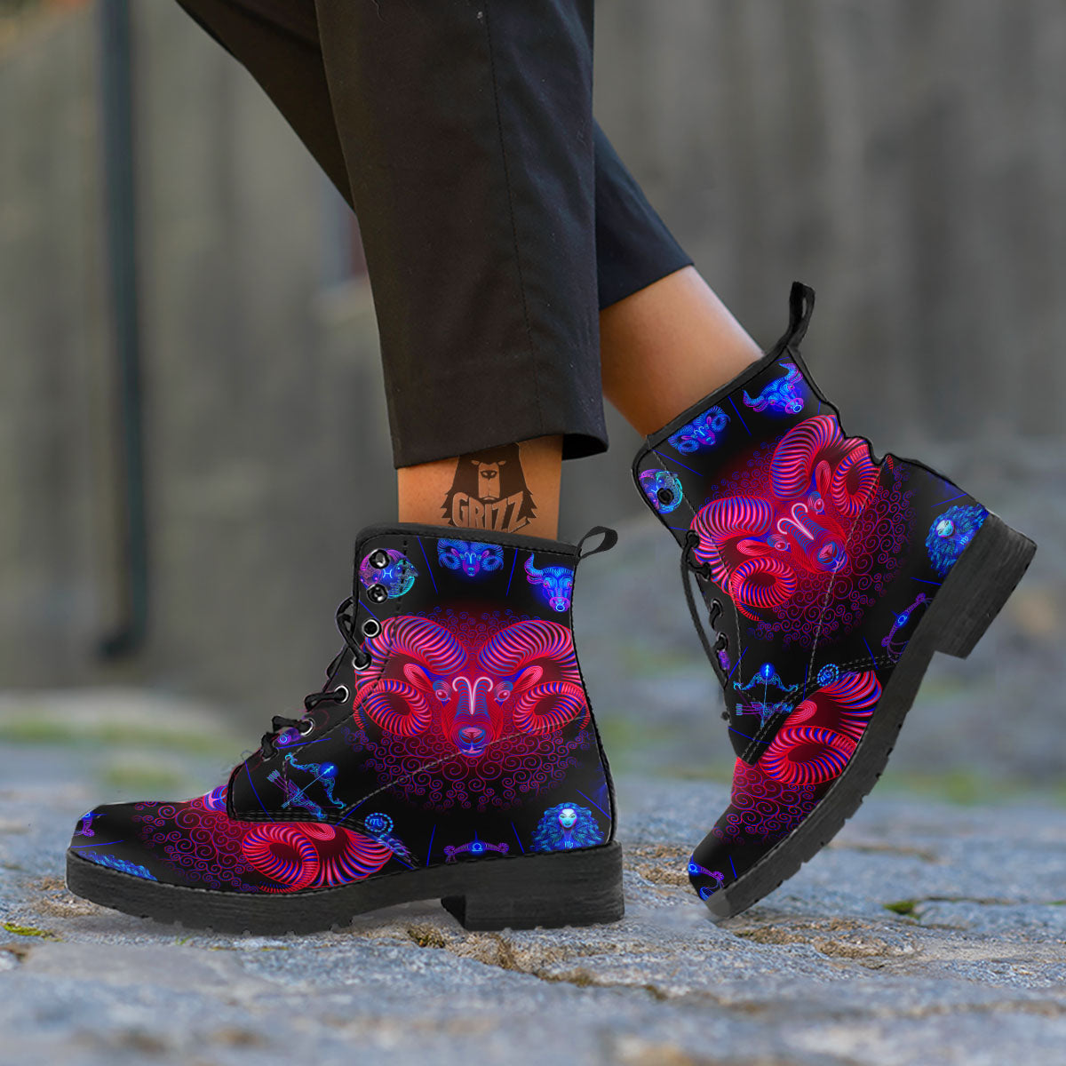 Astrological And Aries Signs Print Leather Boots-grizzshop