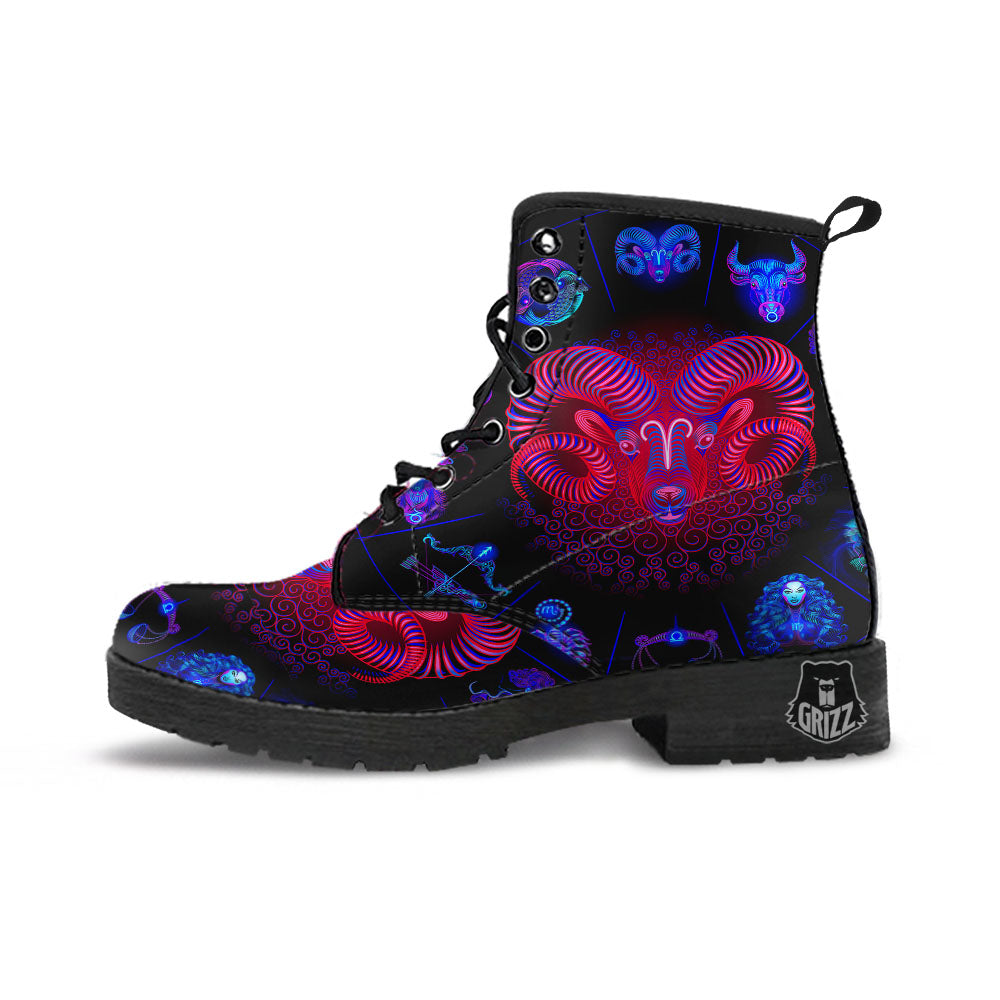 Astrological And Aries Signs Print Leather Boots-grizzshop