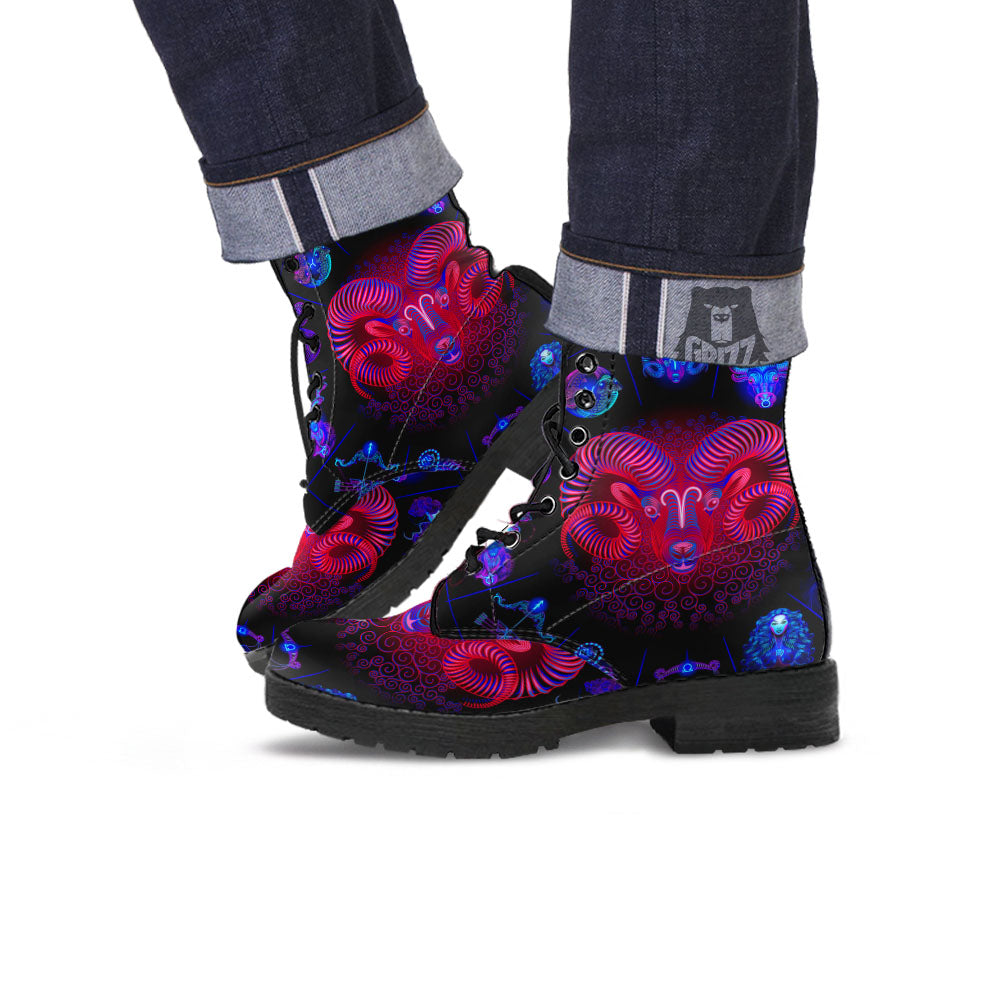Astrological And Aries Signs Print Leather Boots-grizzshop