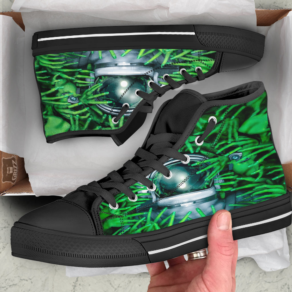 Astronaut And Alien Sci Fi Print Black High Top Shoes-grizzshop