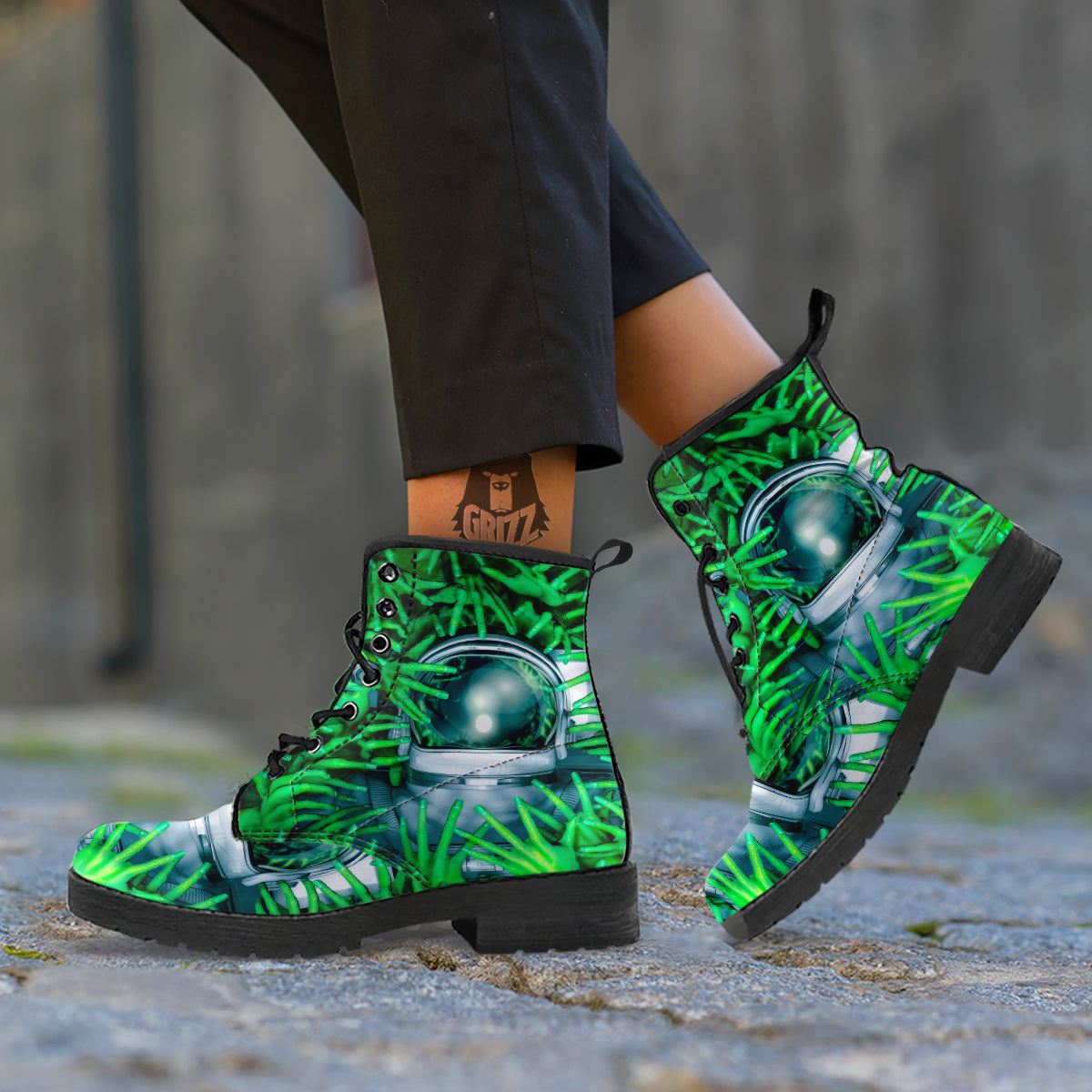 Astronaut And Alien Sci Fi Print Leather Boots-grizzshop