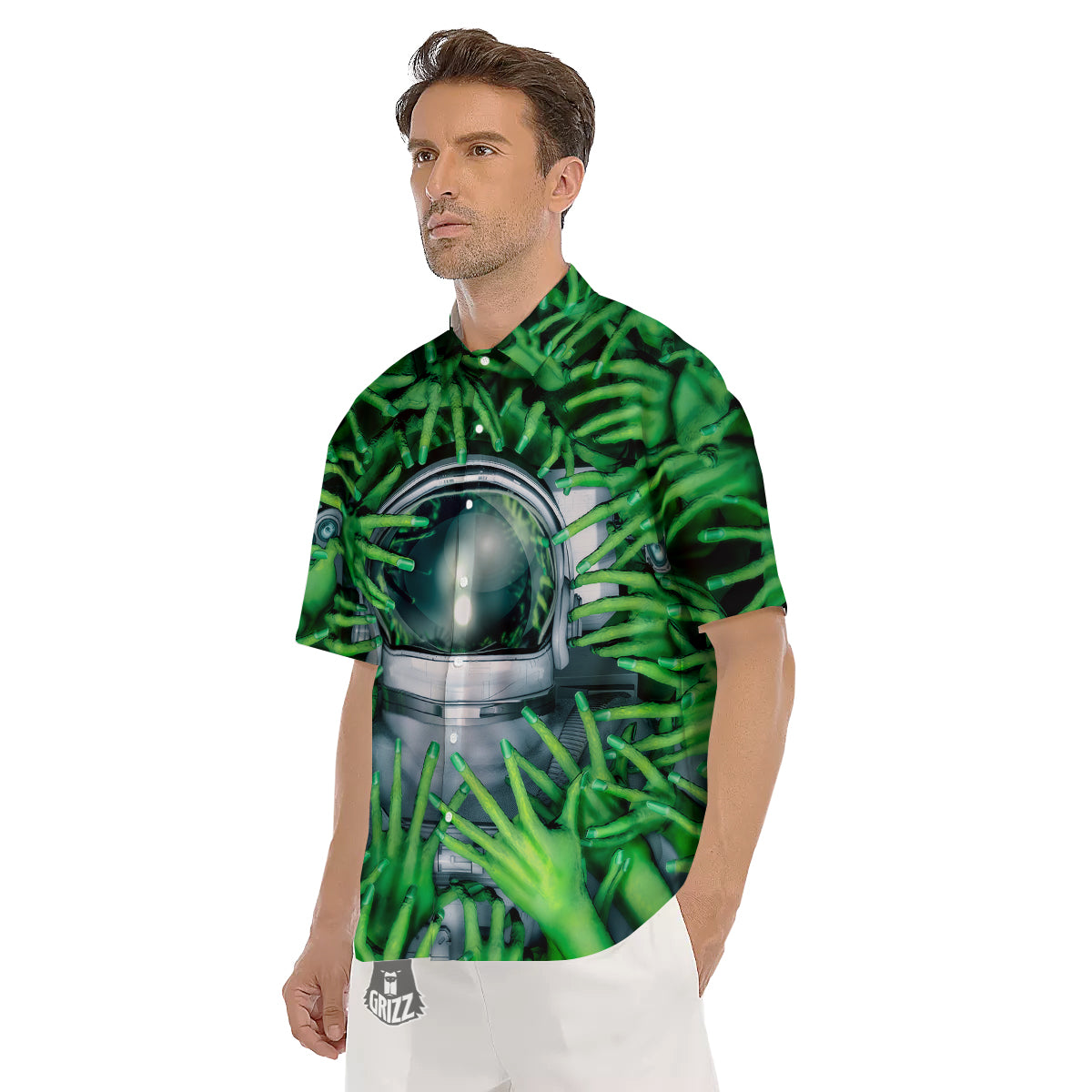 Astronaut And Alien Sci Fi Print Men's Short Sleeve Shirts-grizzshop