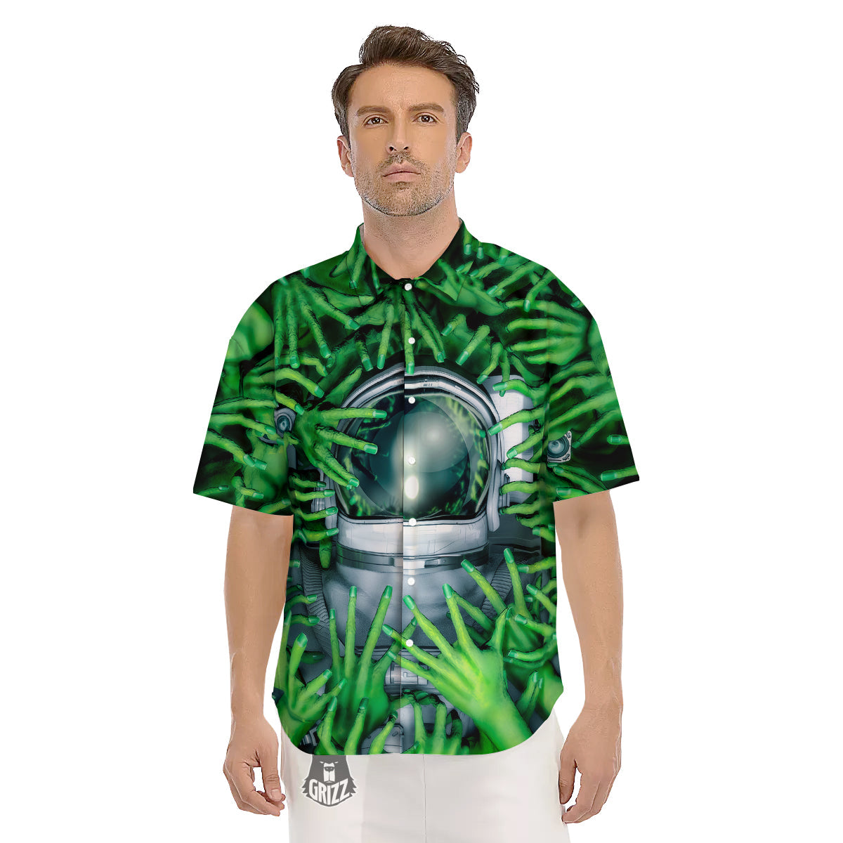 Astronaut And Alien Sci Fi Print Men's Short Sleeve Shirts-grizzshop