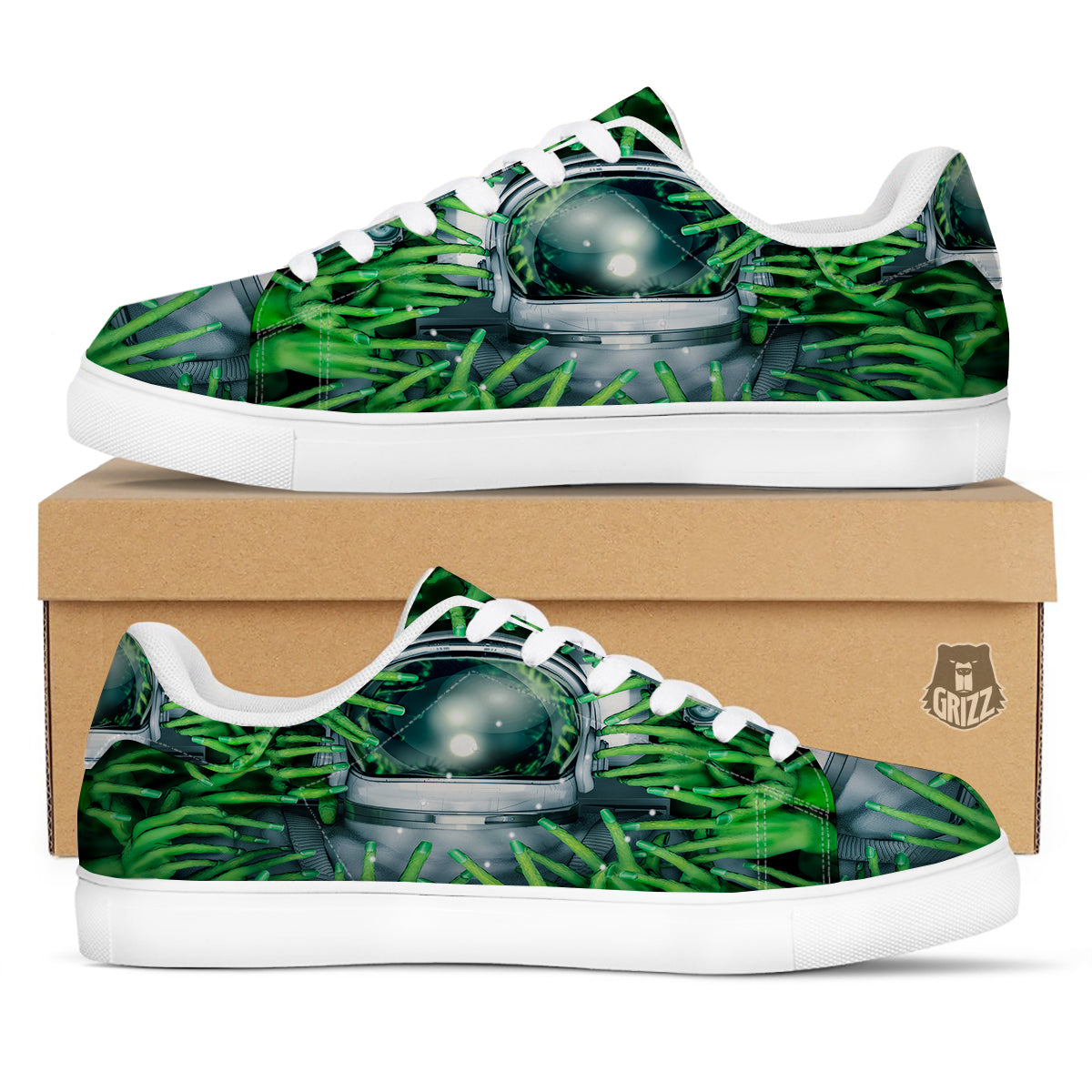 Astronaut And Alien Sci Fi Print White Low Top Sneakers-grizzshop