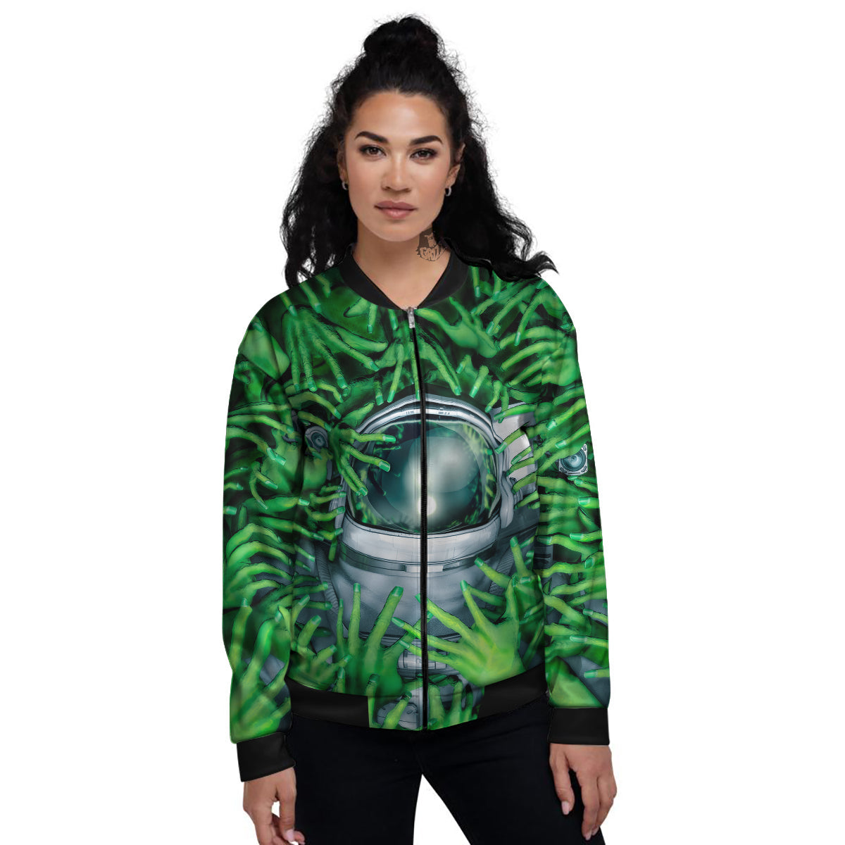 Astronaut And Alien Sci Fi Print Women's Bomber Jacket-grizzshop
