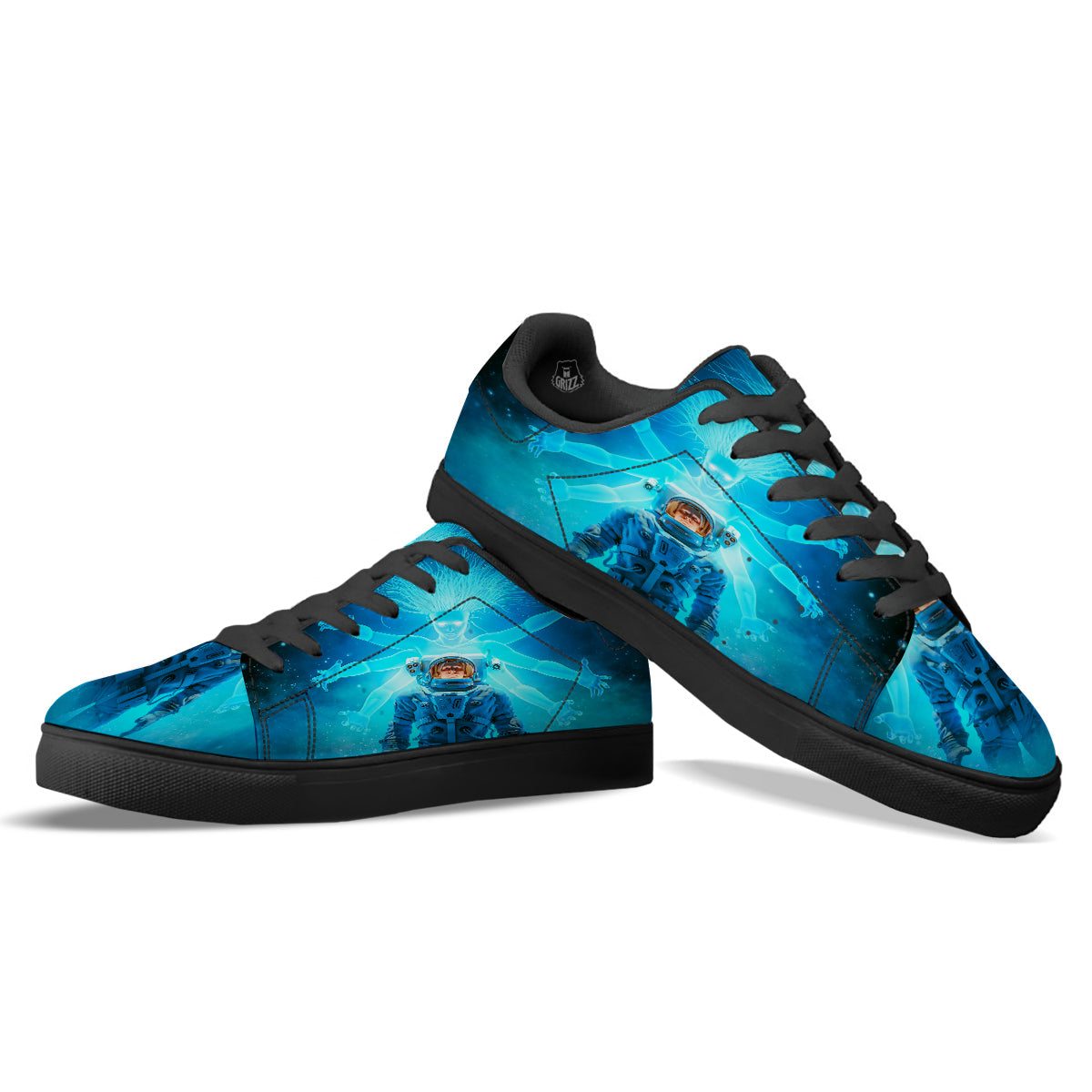 Astronaut And Female Alien Print Black Low Top Sneakers-grizzshop