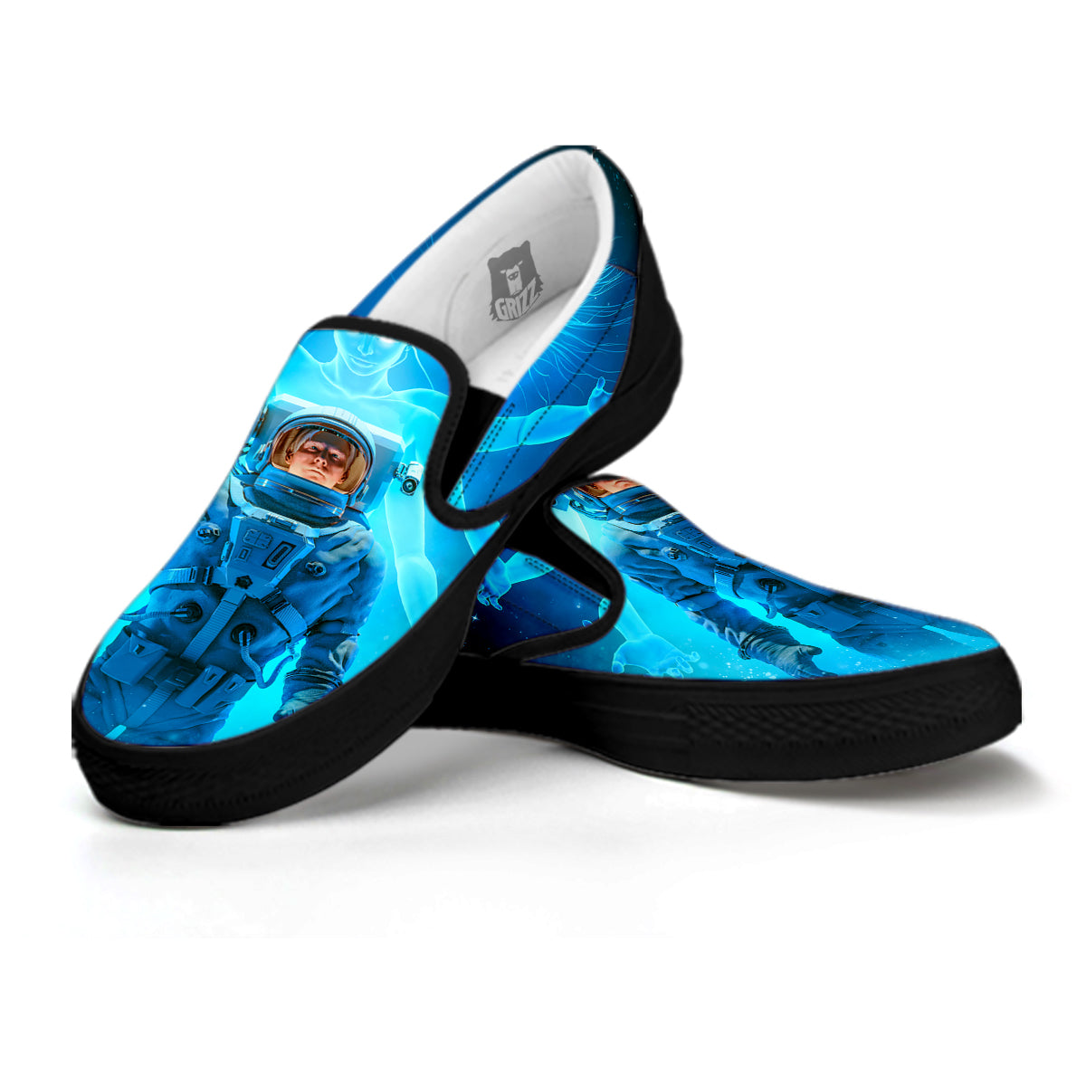 Astronaut And Female Alien Print Black Slip On Shoes-grizzshop