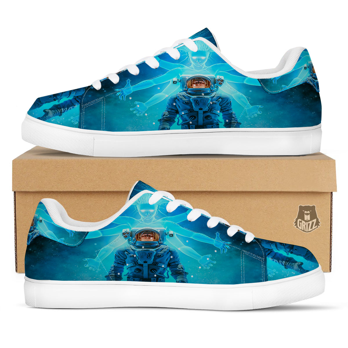 Astronaut And Female Alien Print White Low Top Sneakers-grizzshop