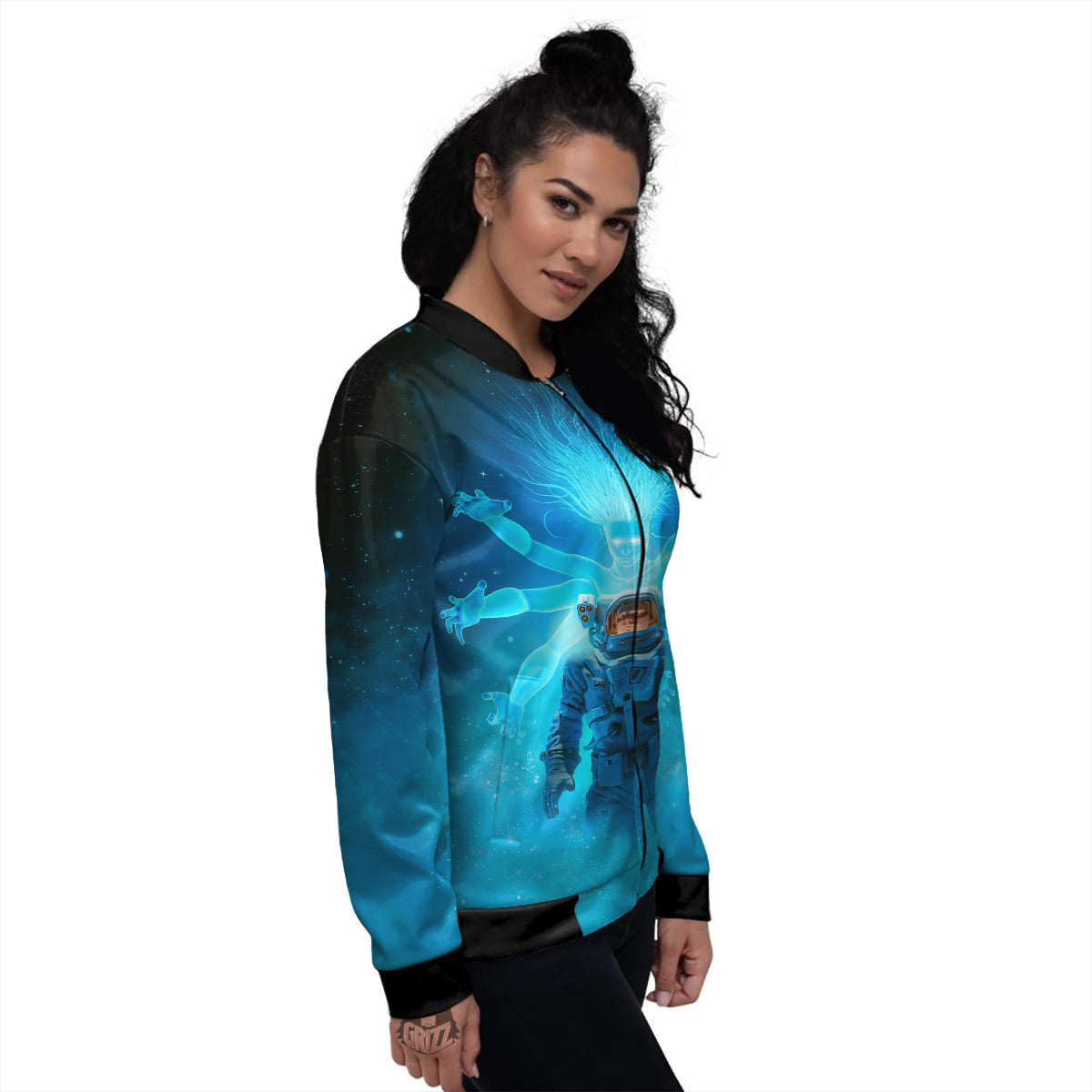 Astronaut And Female Alien Print Women's Bomber Jacket-grizzshop