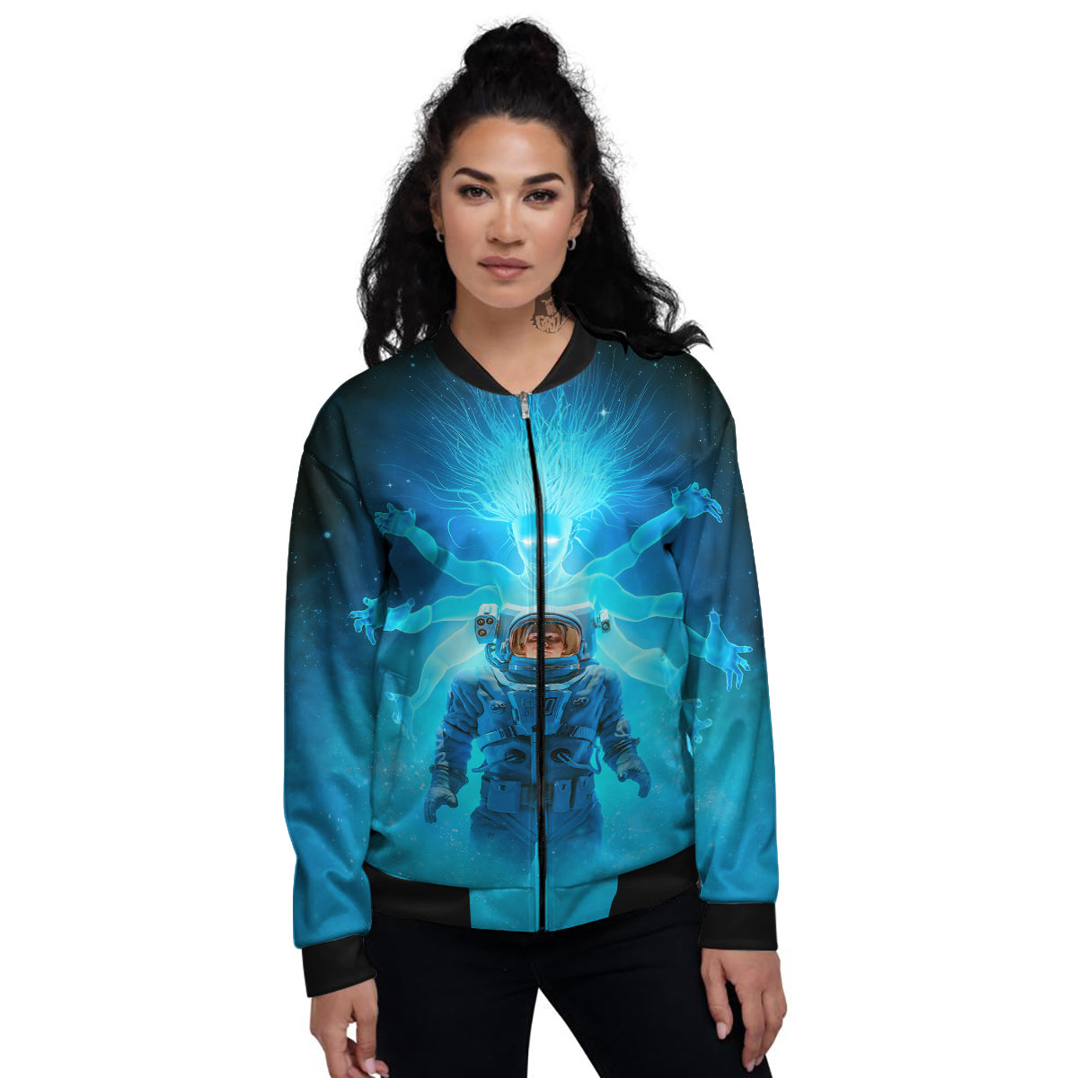 Astronaut And Female Alien Print Women's Bomber Jacket-grizzshop