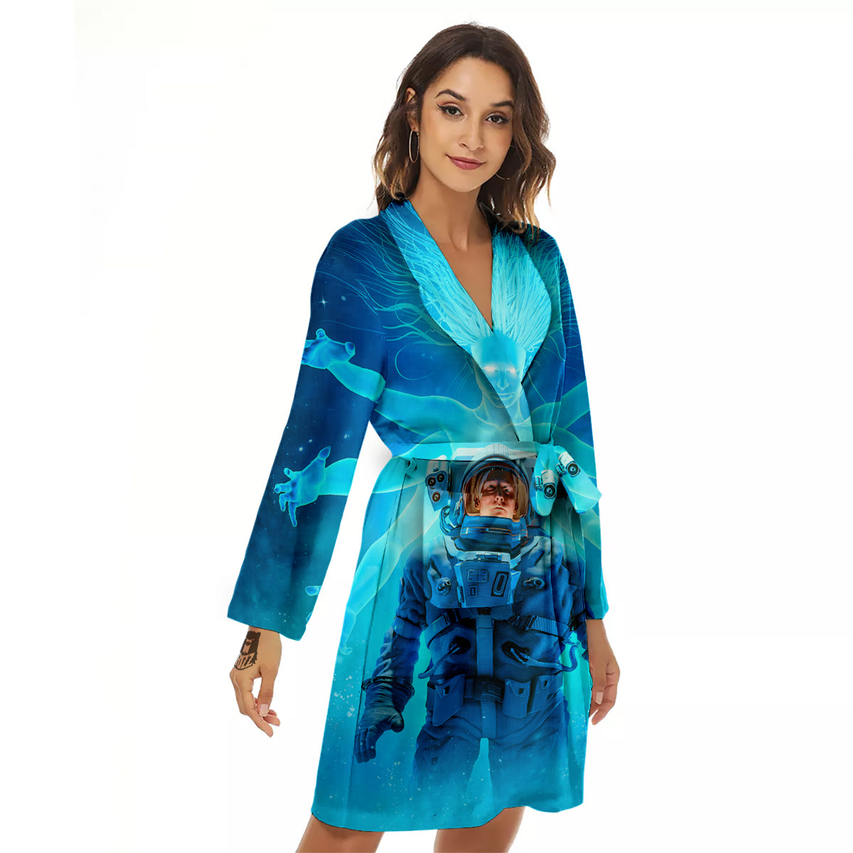 Astronaut And Female Alien Print Women's Robe-grizzshop