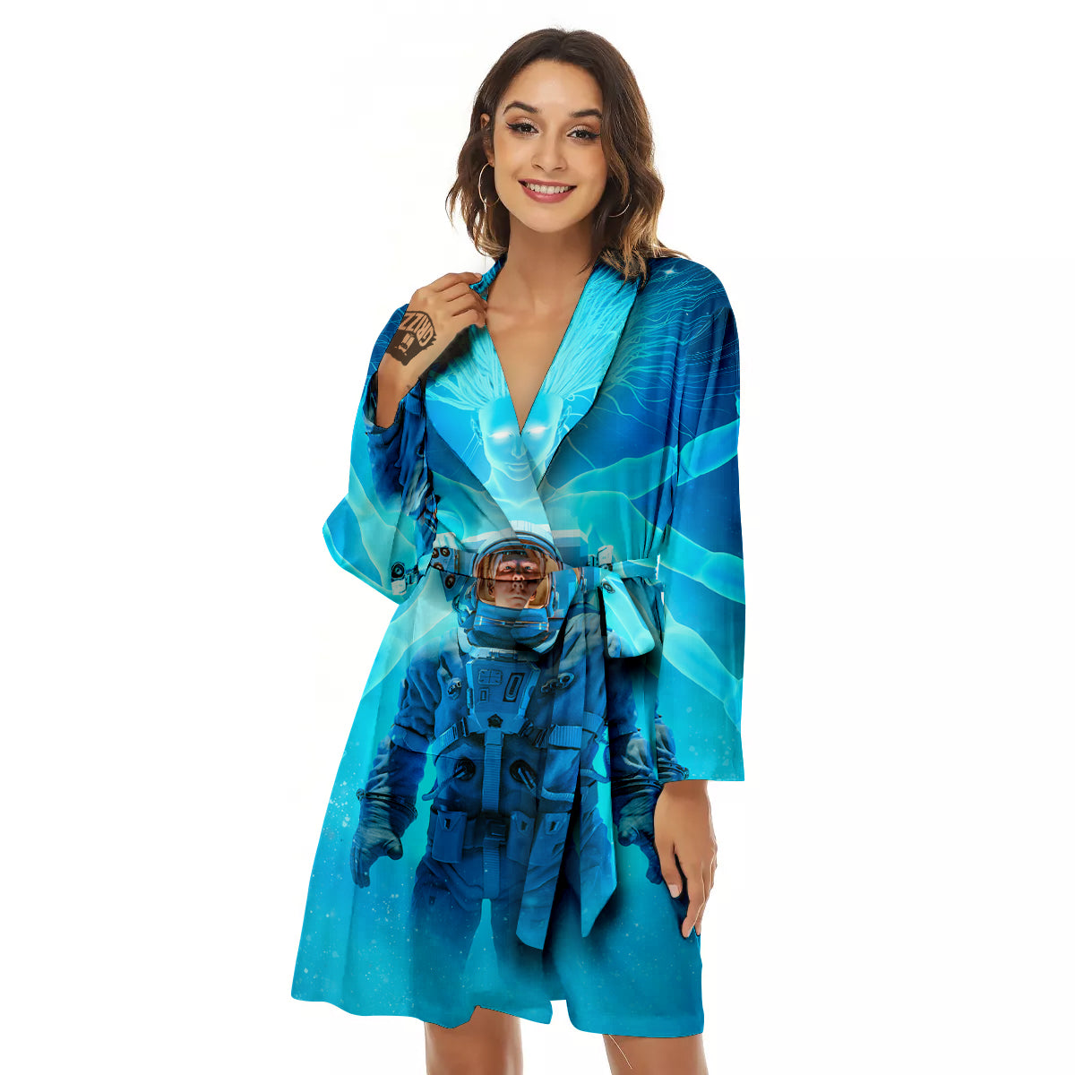 Astronaut And Female Alien Print Women's Robe-grizzshop