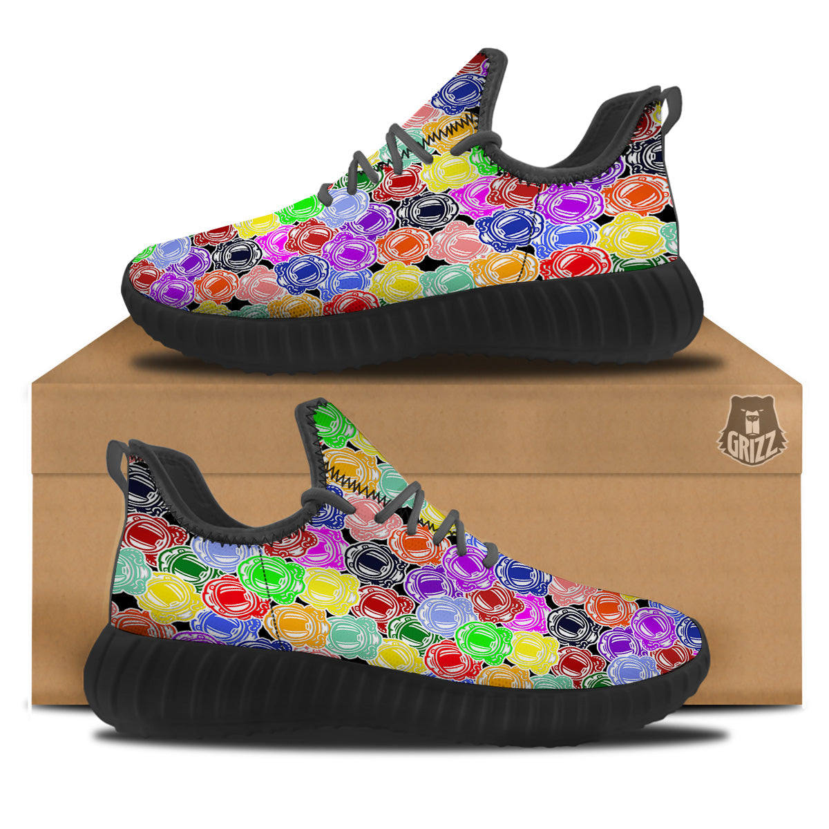 Astronaut Helmet Colorful Print Pattern Black Walking Shoes-grizzshop