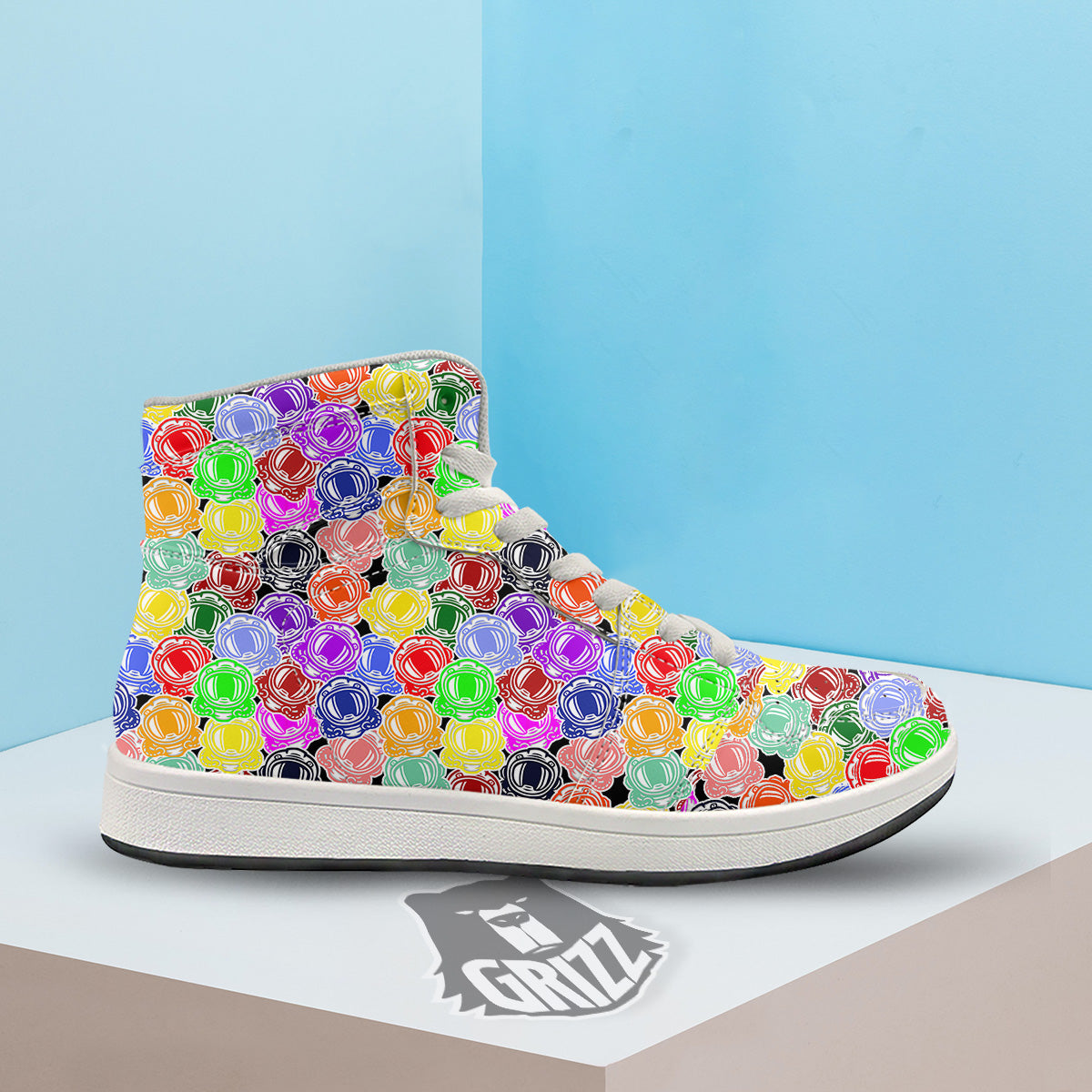 Astronaut Helmet Colorful Print Pattern High Top Sneakers-grizzshop