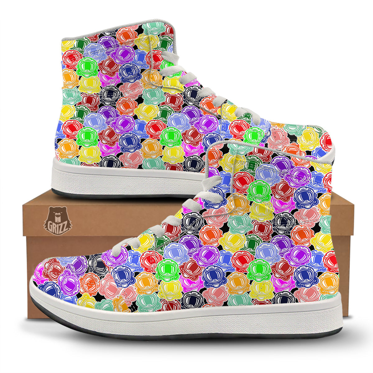Astronaut Helmet Colorful Print Pattern High Top Sneakers-grizzshop