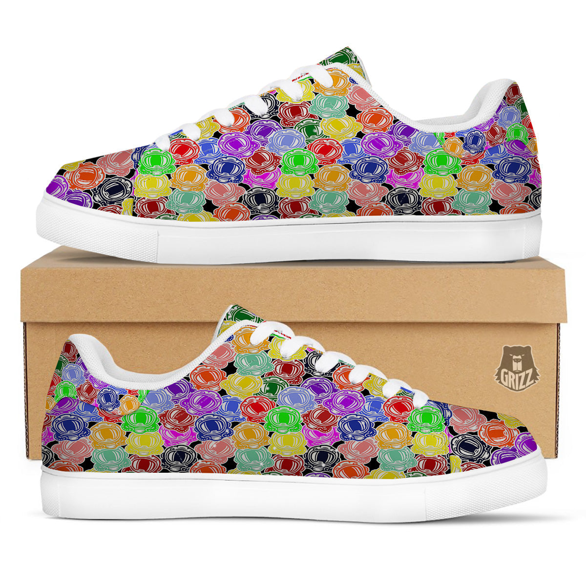Astronaut Helmet Colorful Print Pattern White Low Top Sneakers-grizzshop