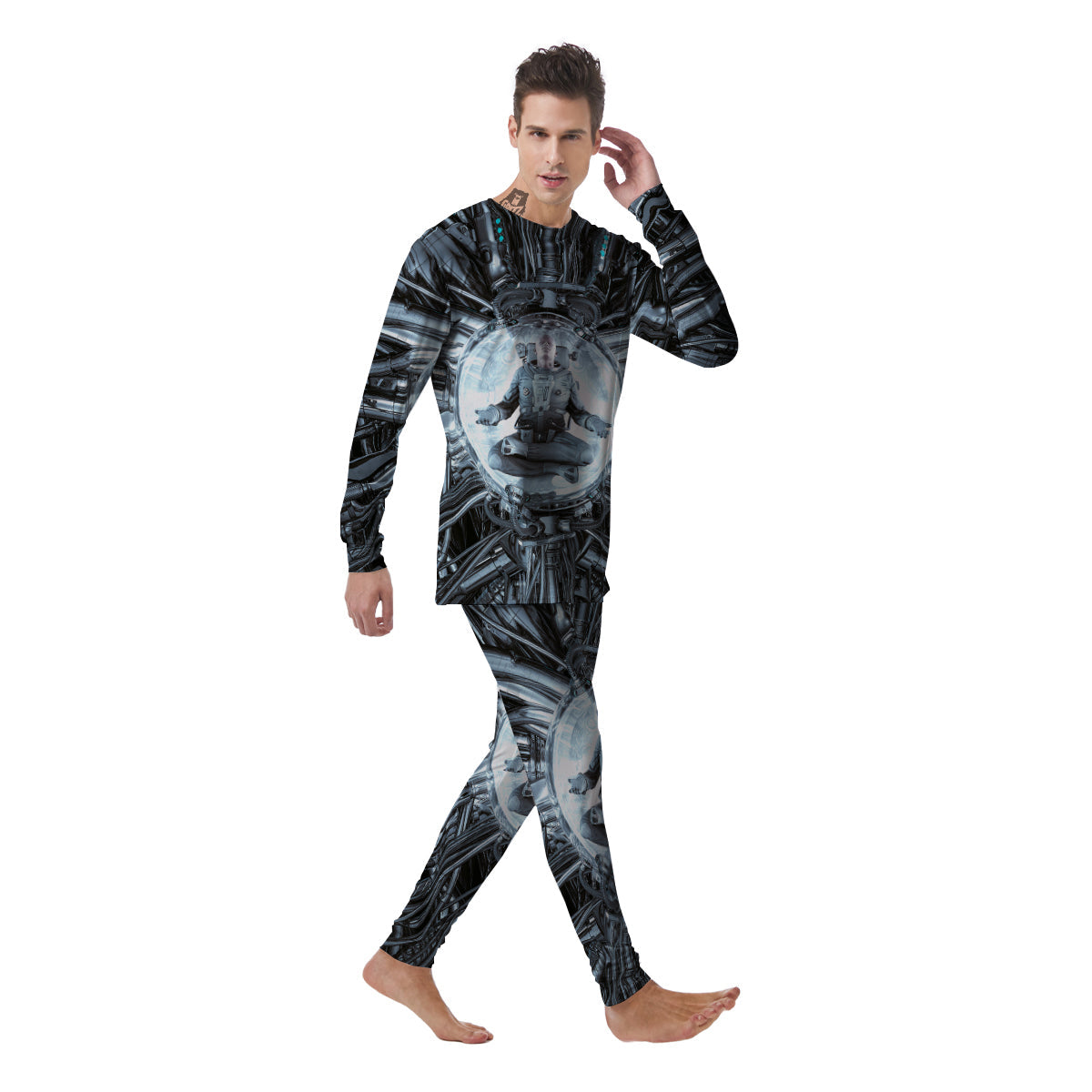 Astronaut In Machine Print Men's Pajamas-grizzshop