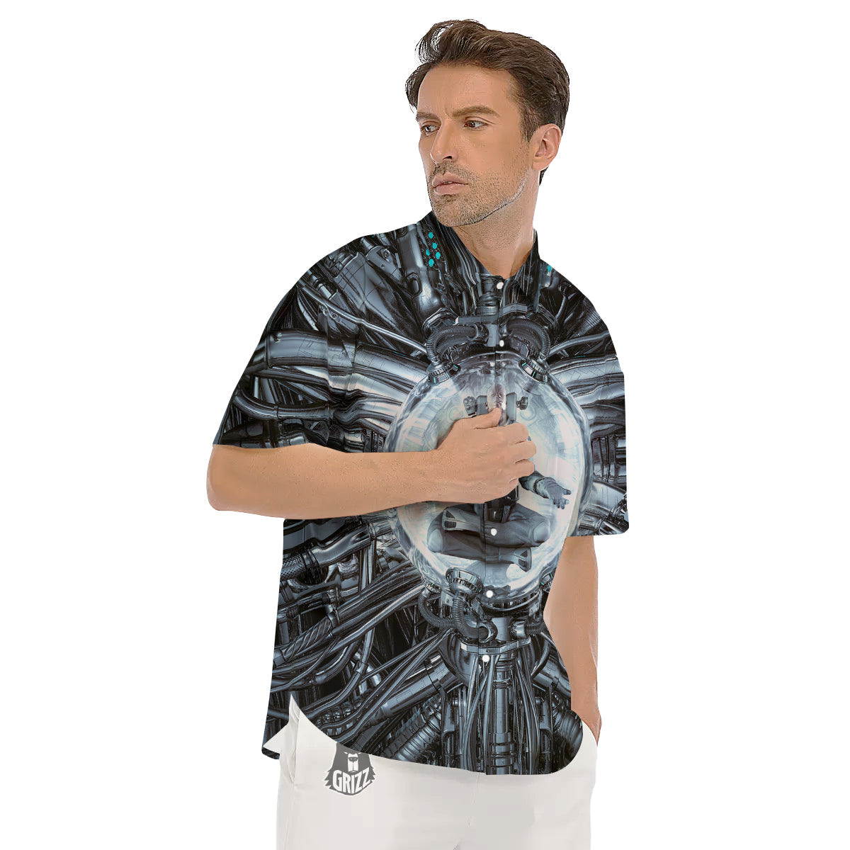 Astronaut In Machine Print Men's Short Sleeve Shirts-grizzshop