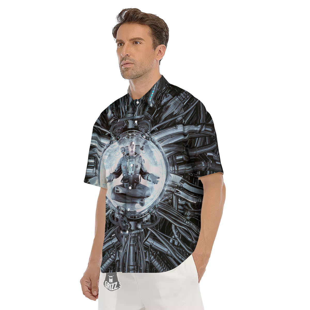 Astronaut In Machine Print Men's Short Sleeve Shirts-grizzshop