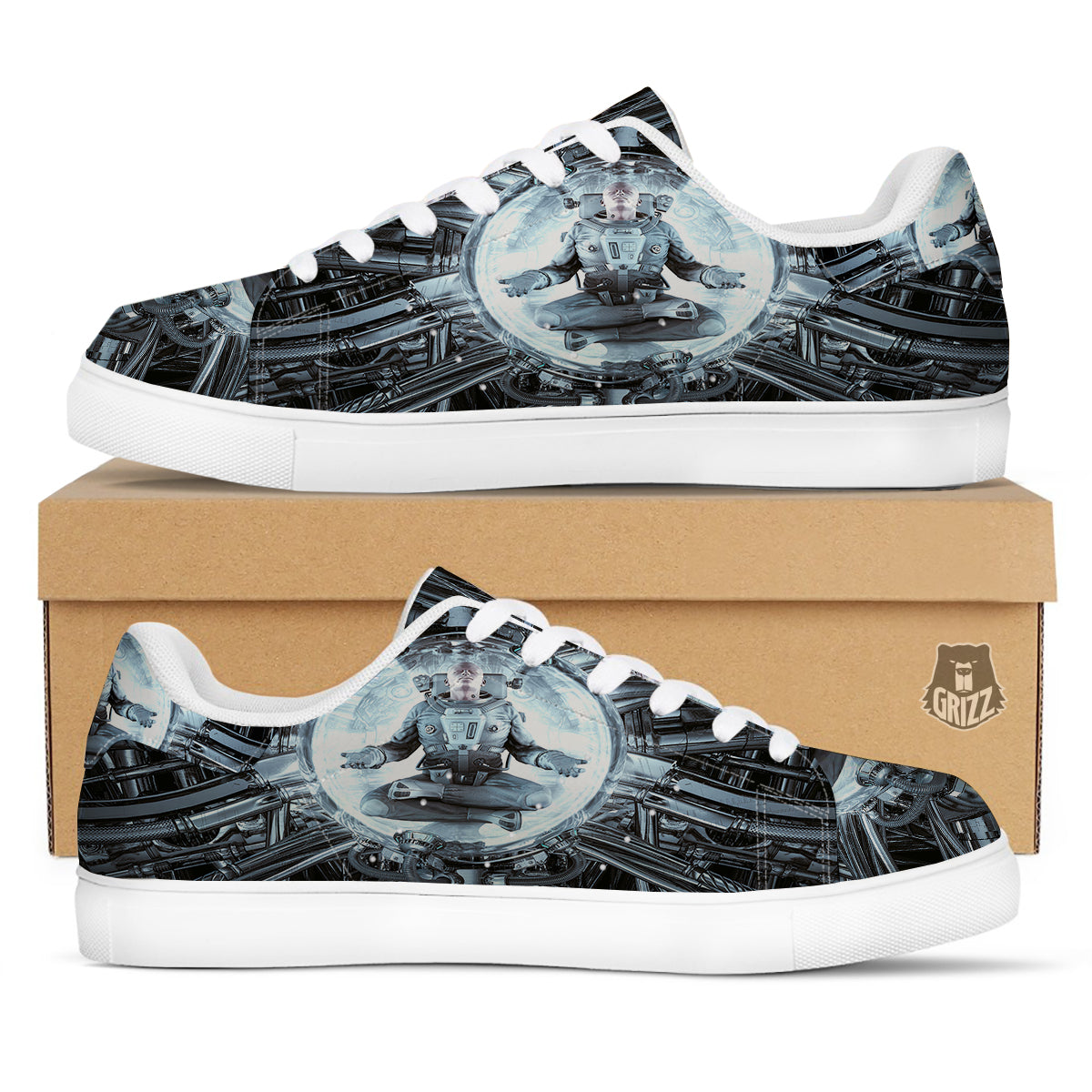 Astronaut In Machine Print White Low Top Sneakers-grizzshop