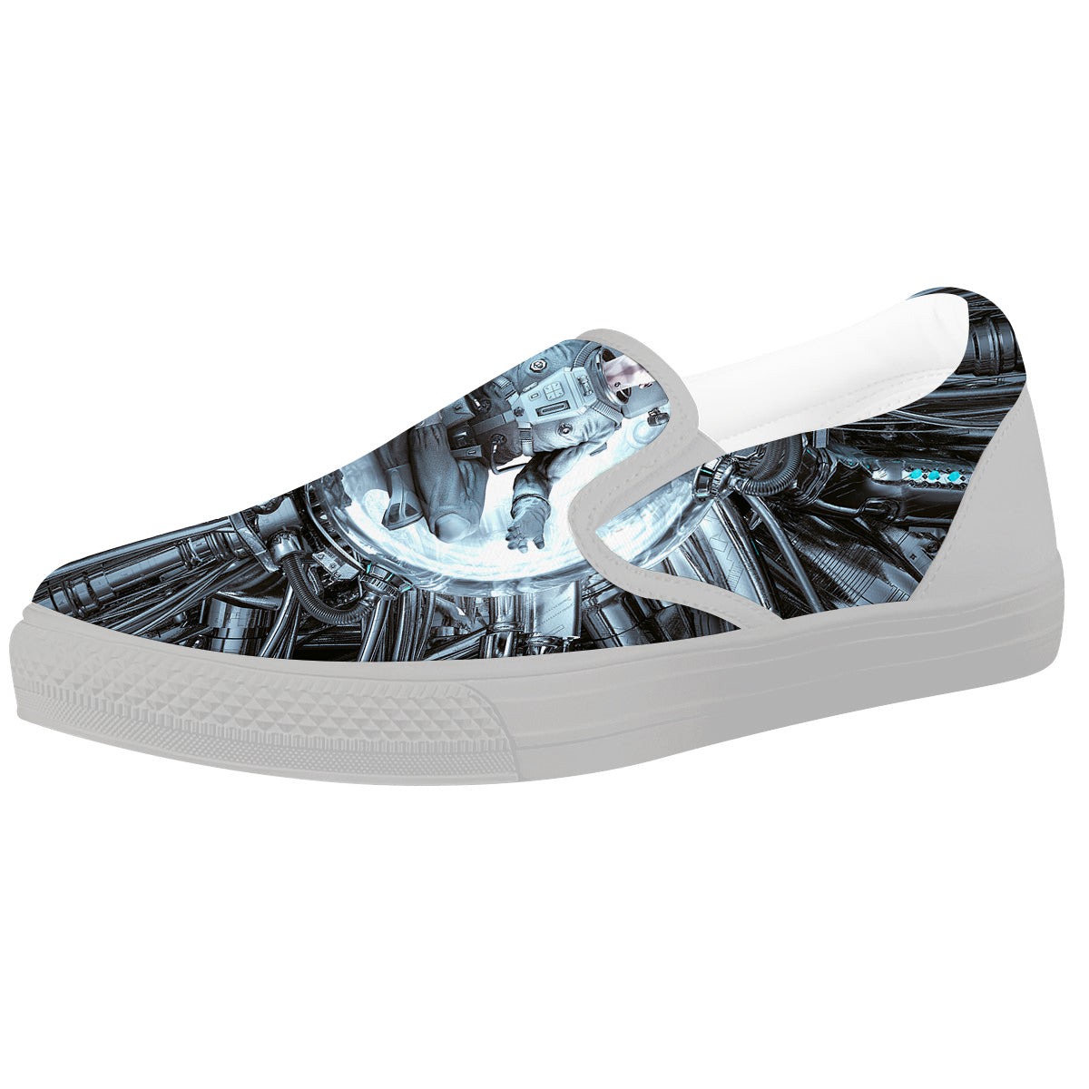 Astronaut In Machine Print White Slip On Shoes-grizzshop