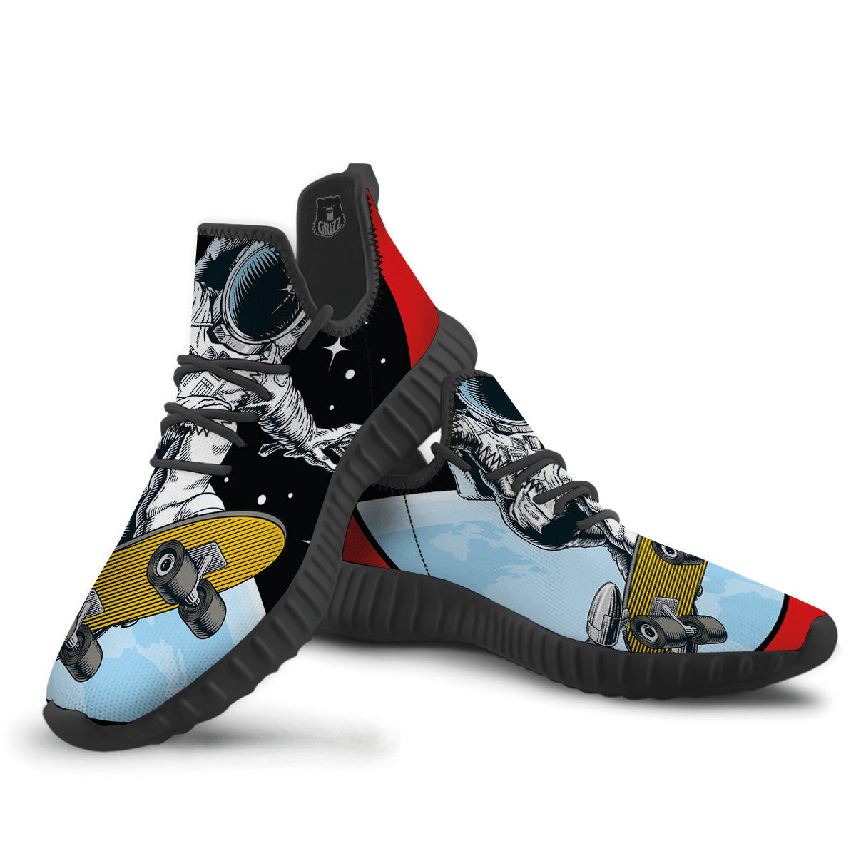 Astronaut Skateboard Print Black Walking Shoes-grizzshop