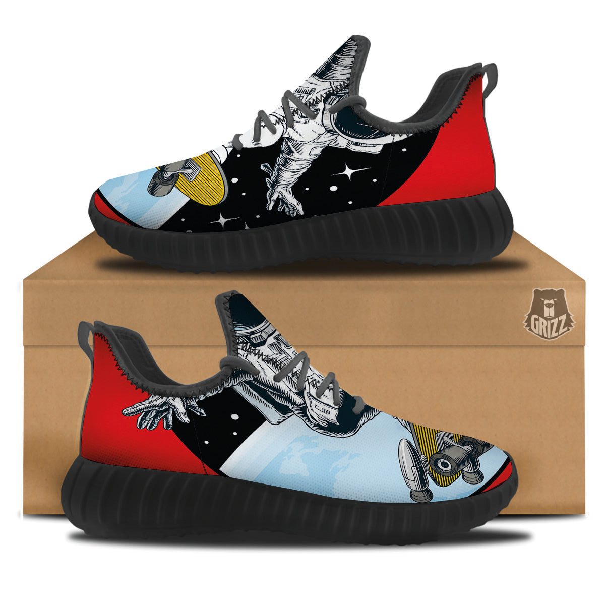 Astronaut Skateboard Print Black Walking Shoes-grizzshop
