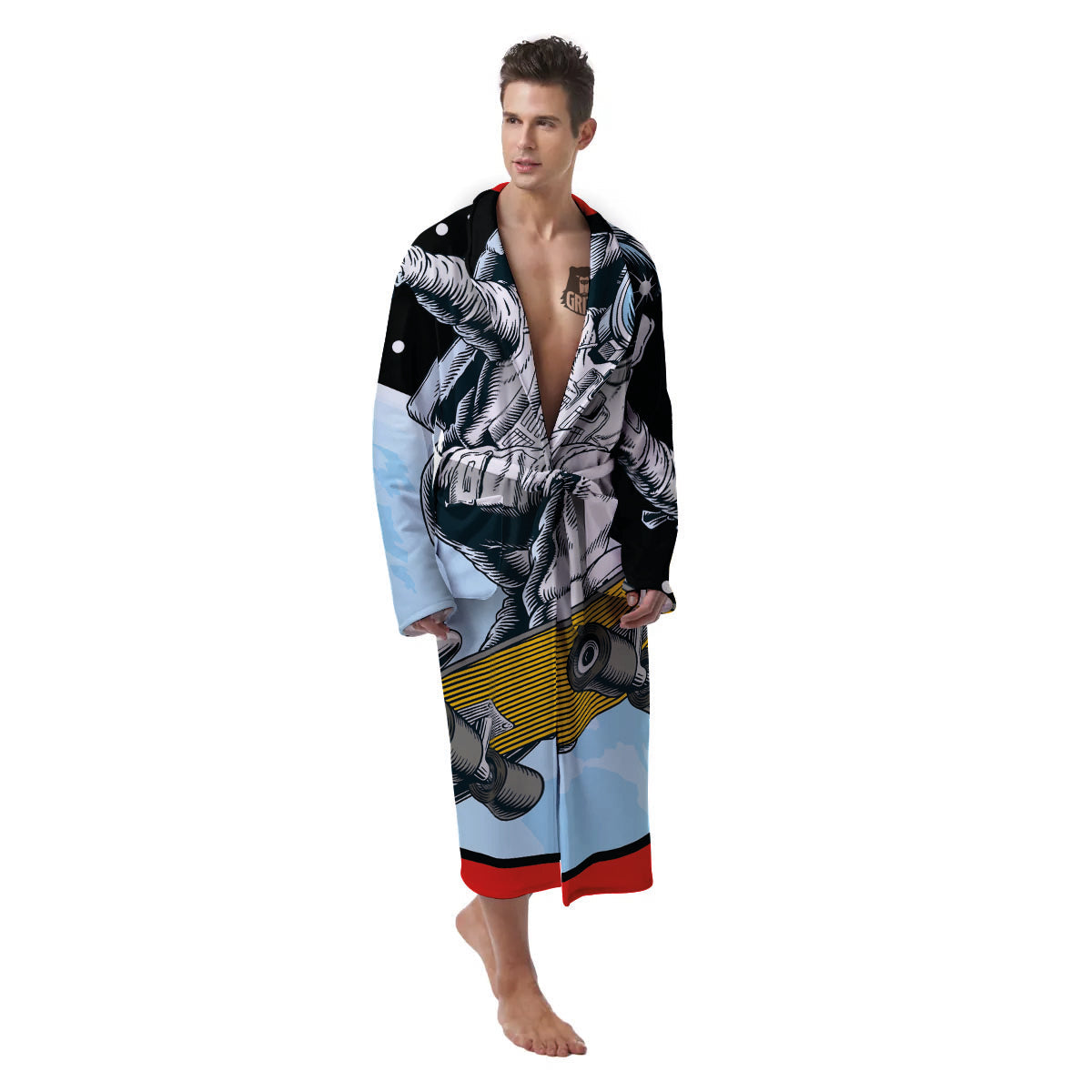 Astronaut Skateboard Print Men's Robe-grizzshop