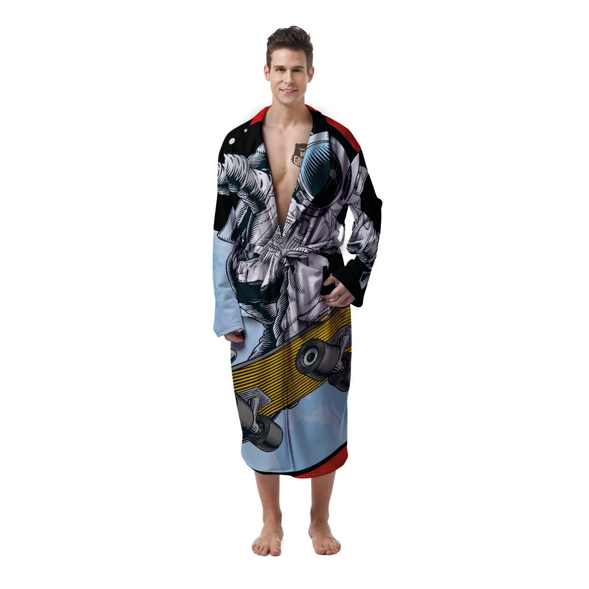 Astronaut Skateboard Print Men's Robe-grizzshop