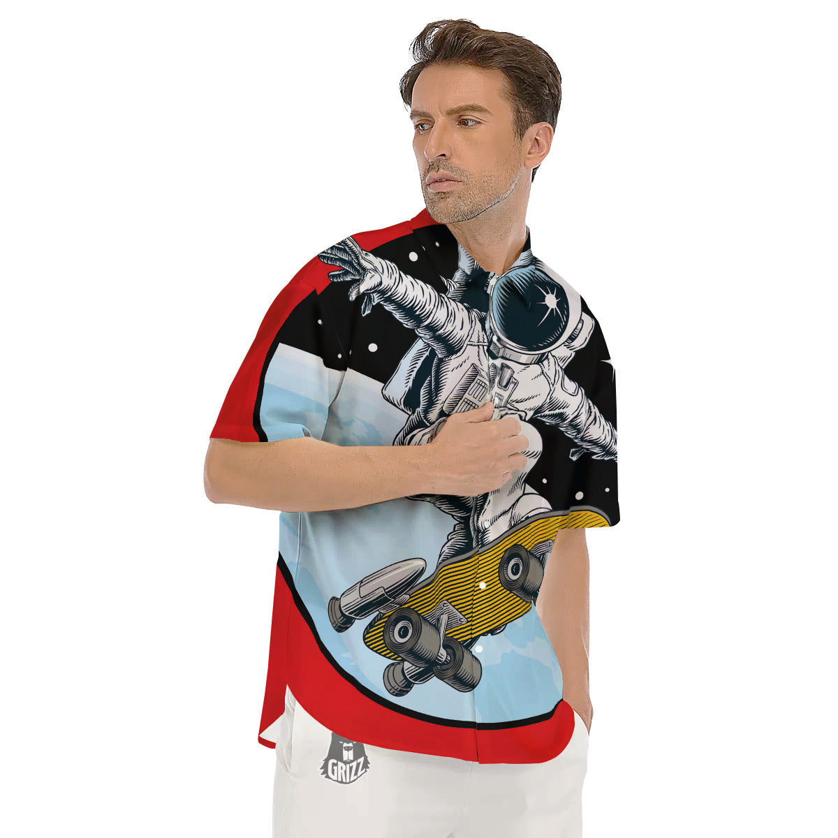 Astronaut Skateboard Print Men's Short Sleeve Shirts-grizzshop