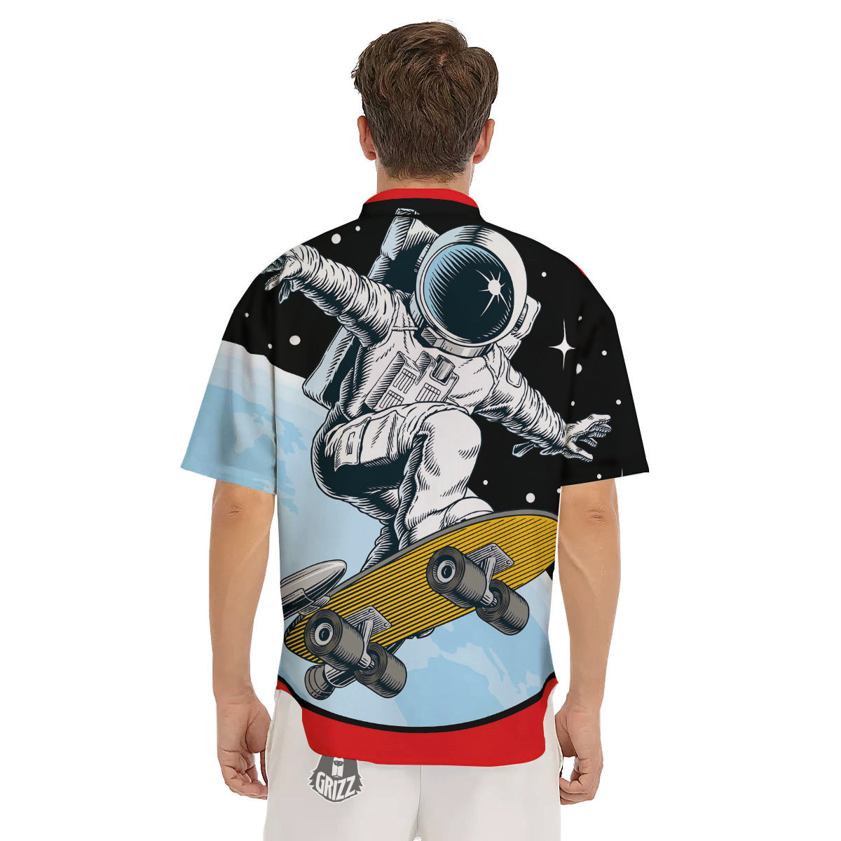 Astronaut Skateboard Print Men's Short Sleeve Shirts-grizzshop