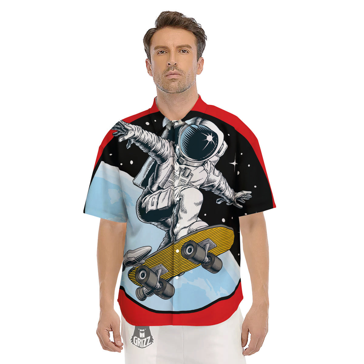 Astronaut Skateboard Print Men's Short Sleeve Shirts-grizzshop