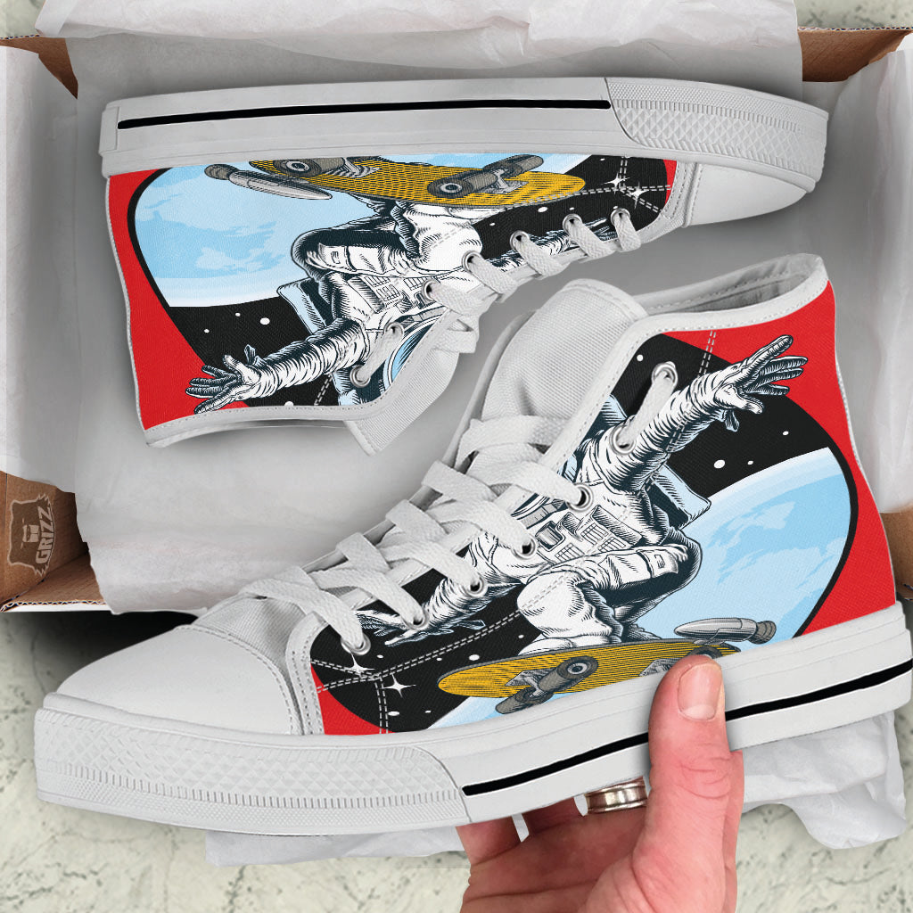 Astronaut Skateboard Print White High Top Shoes-grizzshop