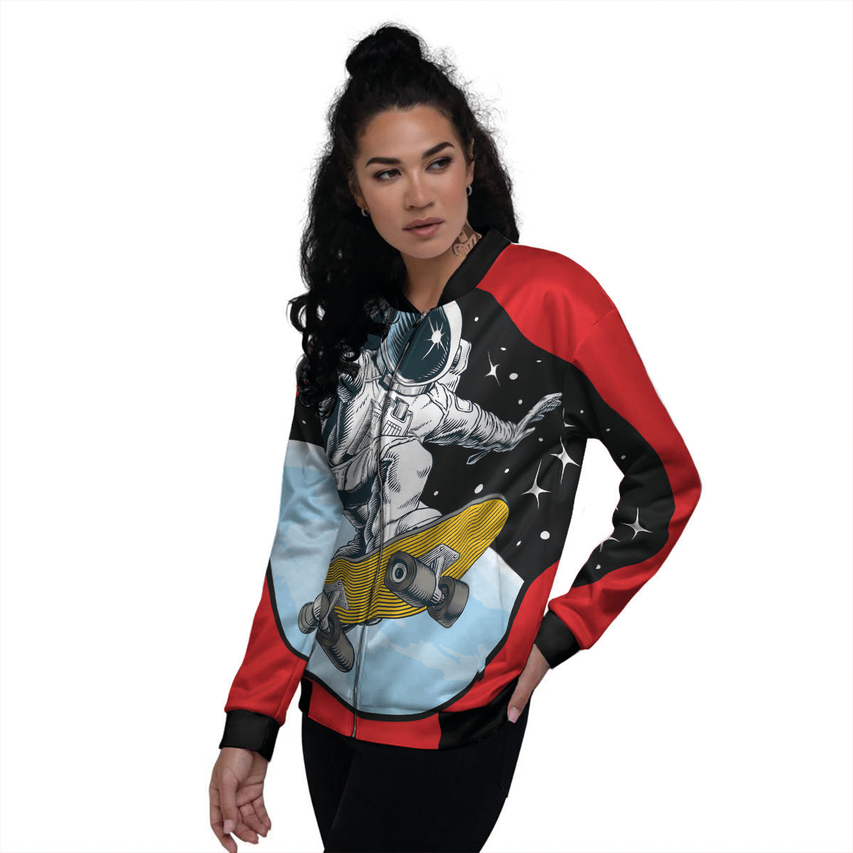 Astronaut Skateboard Print Women's Bomber Jacket-grizzshop