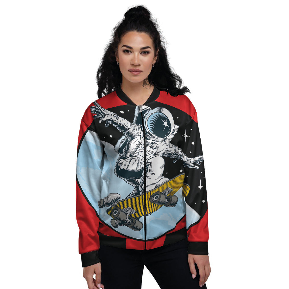 Astronaut Skateboard Print Women's Bomber Jacket-grizzshop