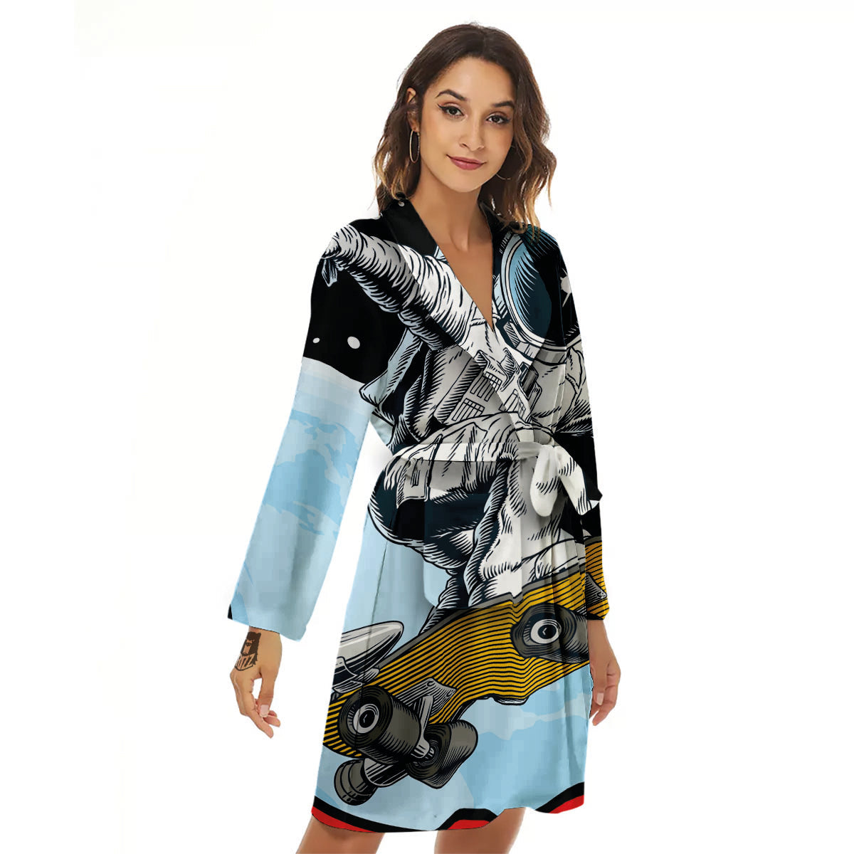 Astronaut Skateboard Print Women's Robe-grizzshop
