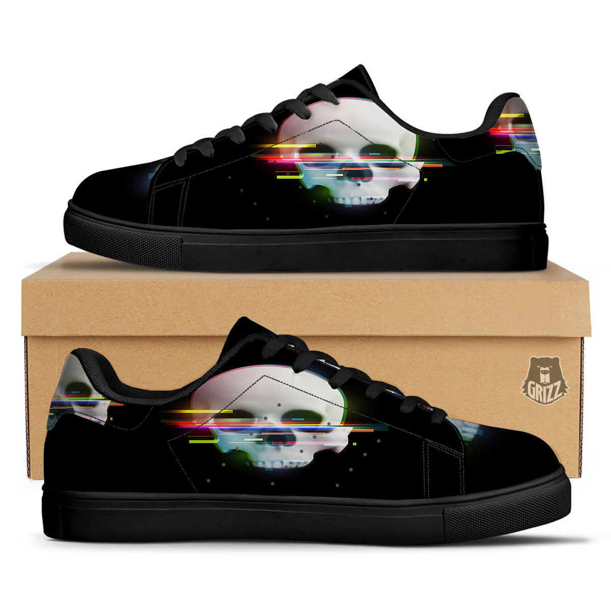 Astronaut Skull Digital Glitch Print Black Low Top Sneakers-grizzshop