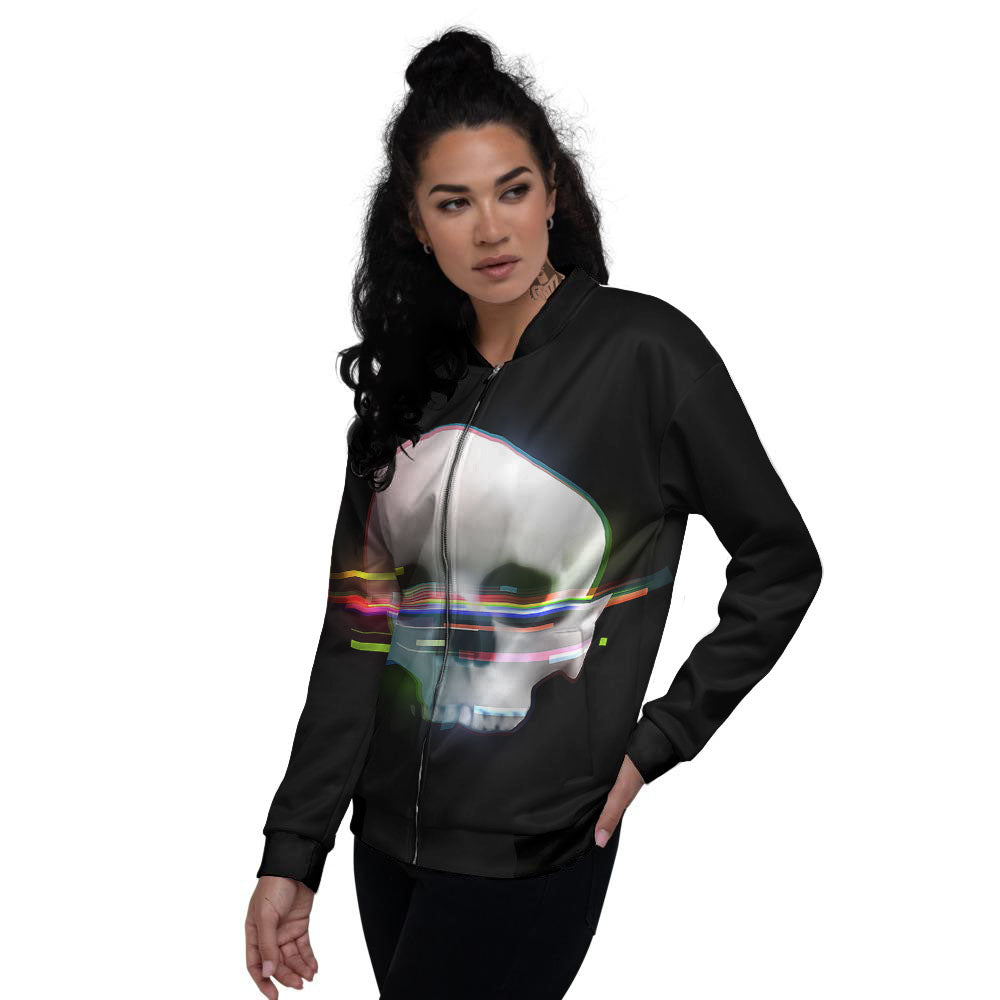 Astronaut Skull Digital Glitch Print Women's Bomber Jacket-grizzshop