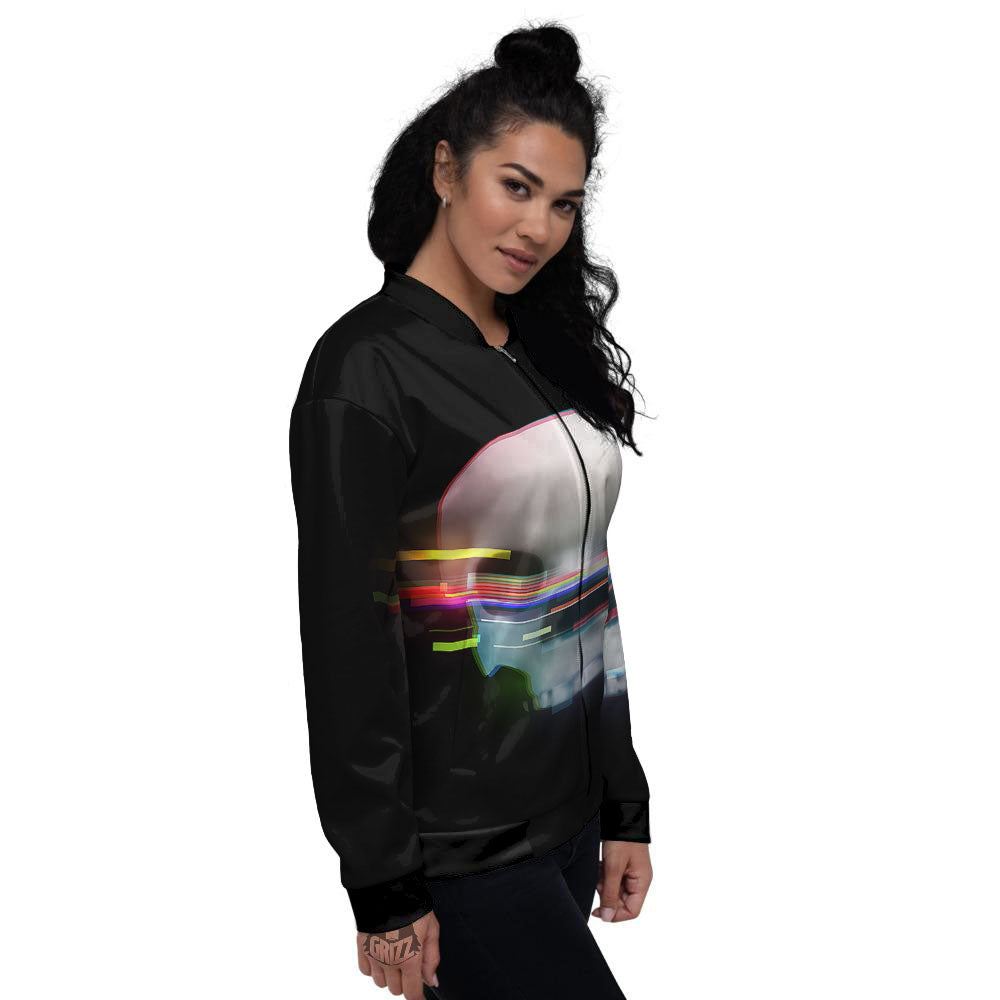 Astronaut Skull Digital Glitch Print Women's Bomber Jacket-grizzshop