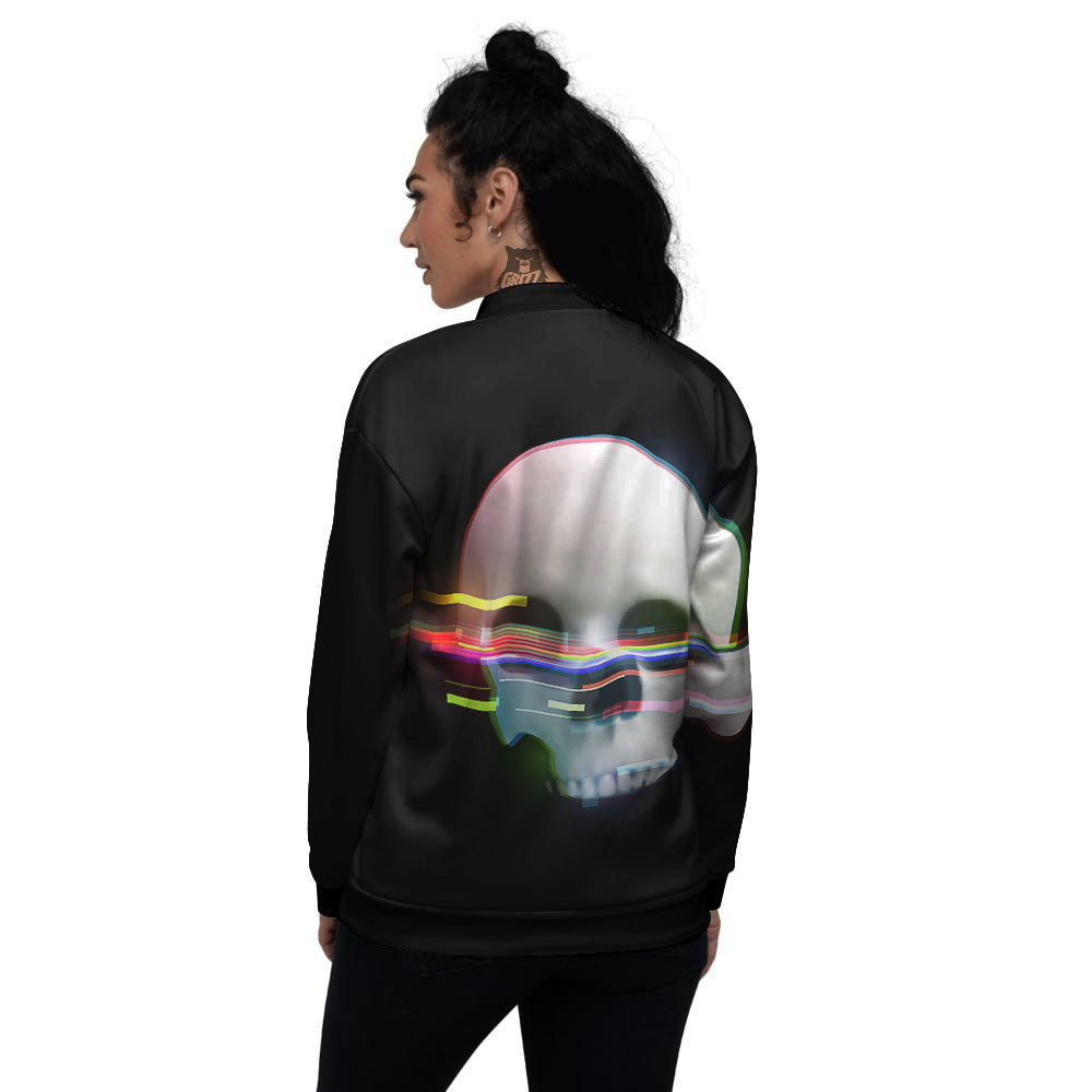 Astronaut Skull Digital Glitch Print Women's Bomber Jacket-grizzshop