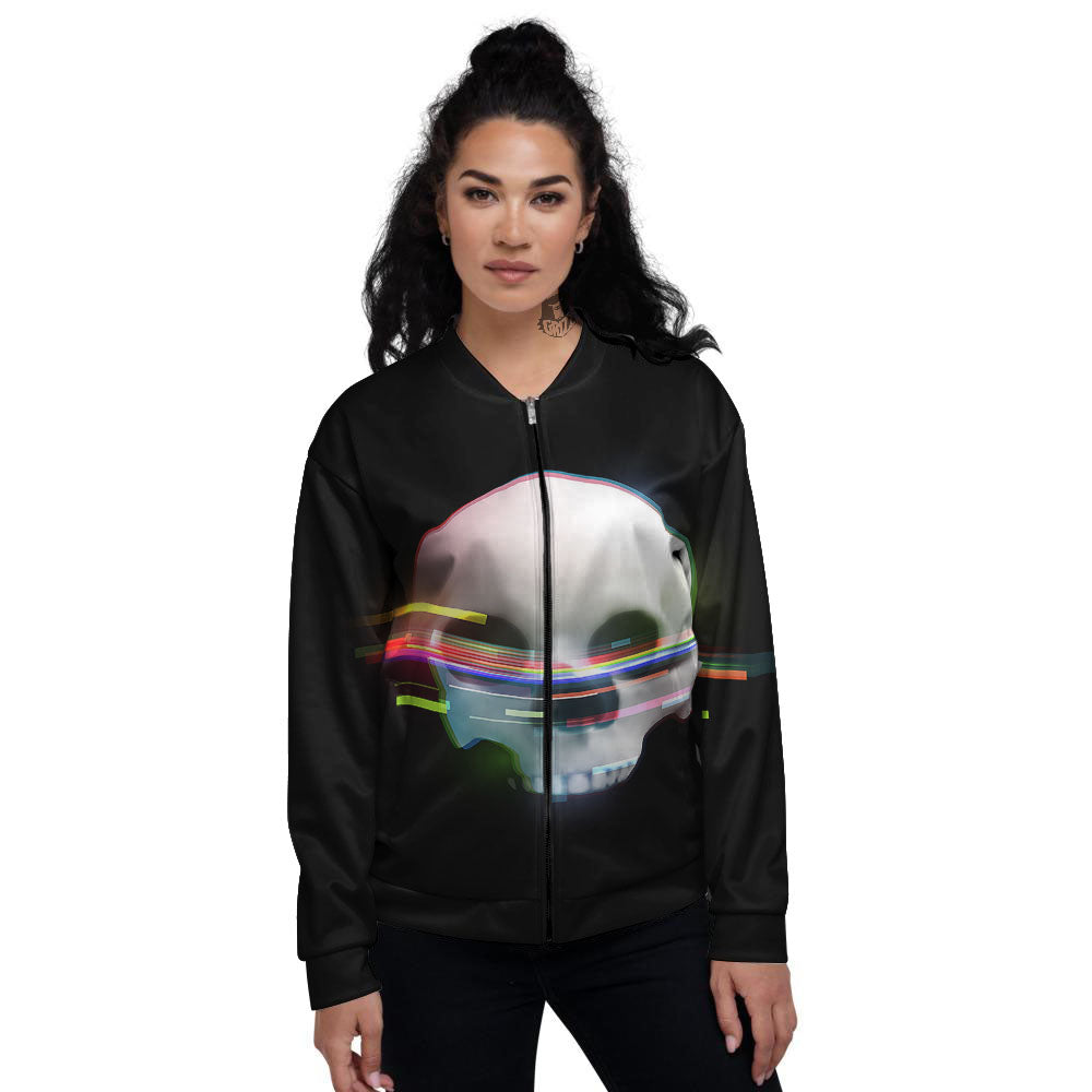 Astronaut Skull Digital Glitch Print Women's Bomber Jacket-grizzshop