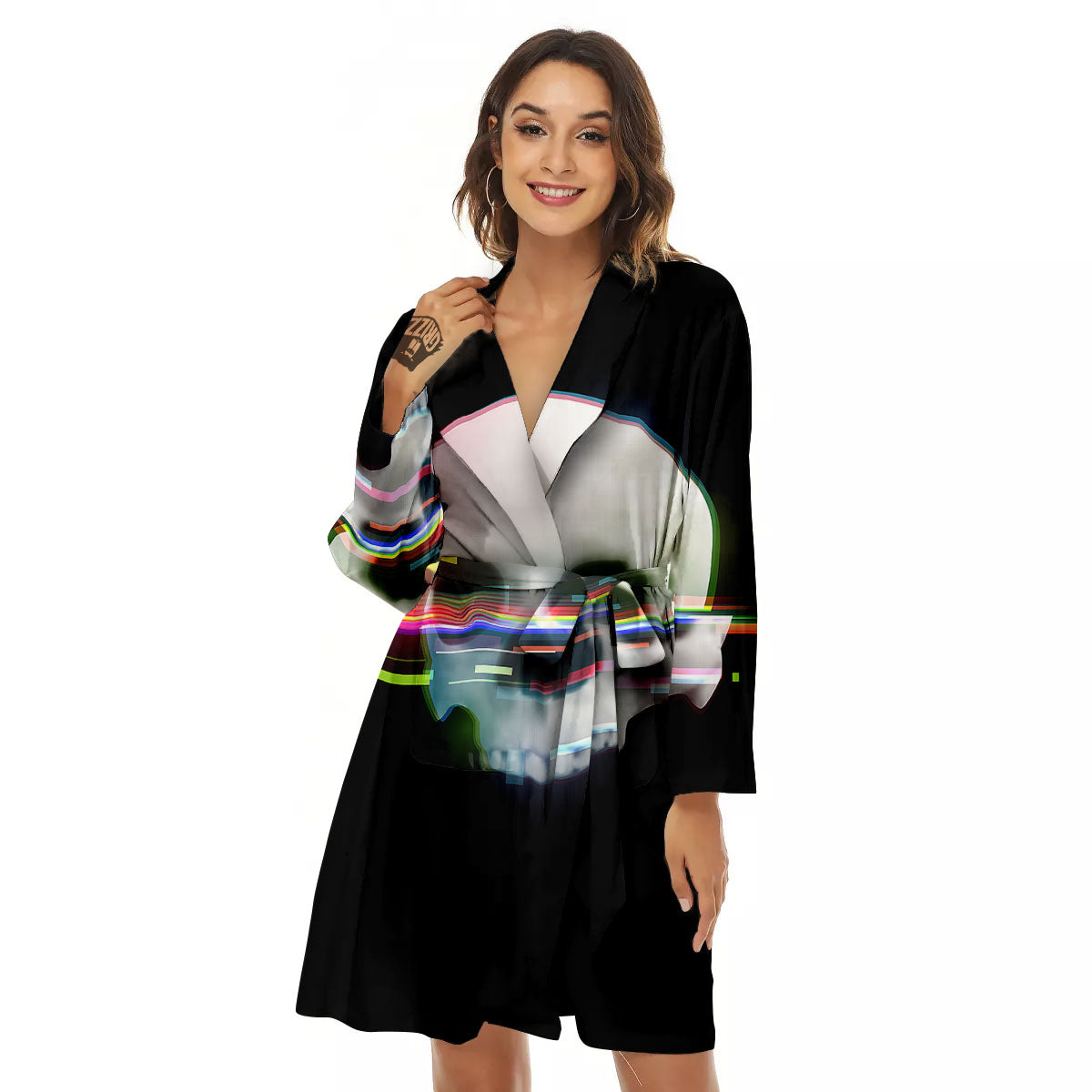 Astronaut Skull Digital Glitch Print Women's Robe-grizzshop