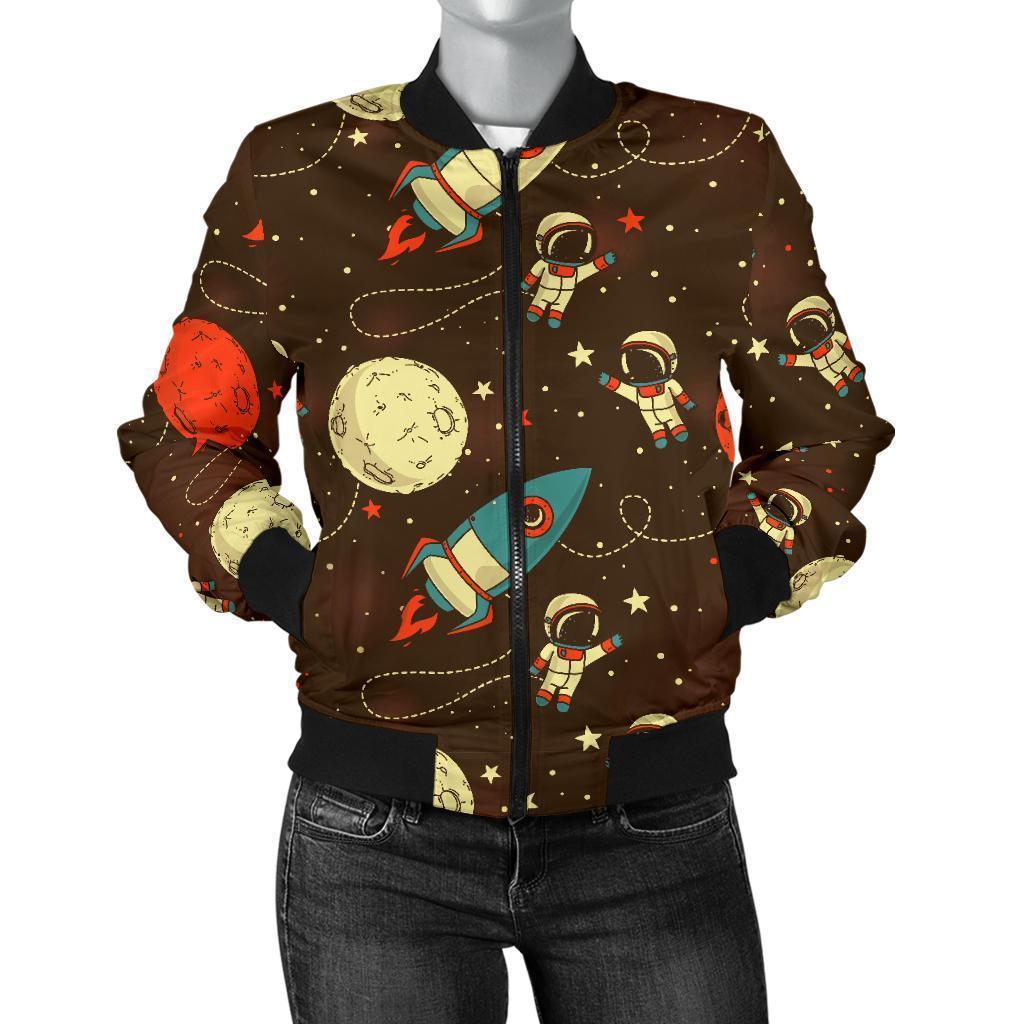 Astronaut Space Pattern Print Women Casual Bomber Jacket-grizzshop