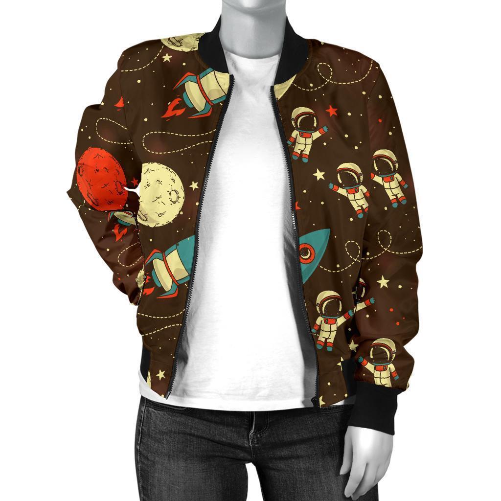 Astronaut Space Pattern Print Women Casual Bomber Jacket-grizzshop