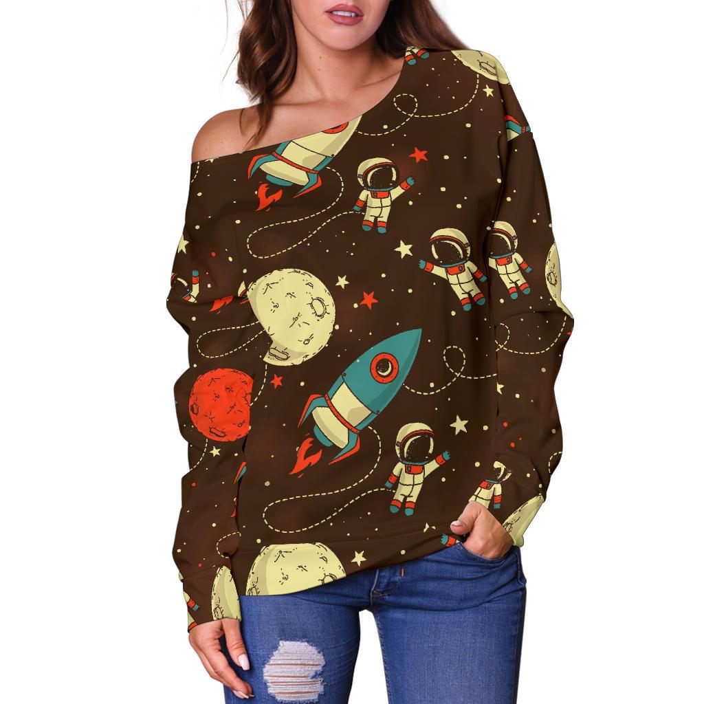 Astronaut Space Pattern Print Women Off Shoulder Sweatshirt-grizzshop