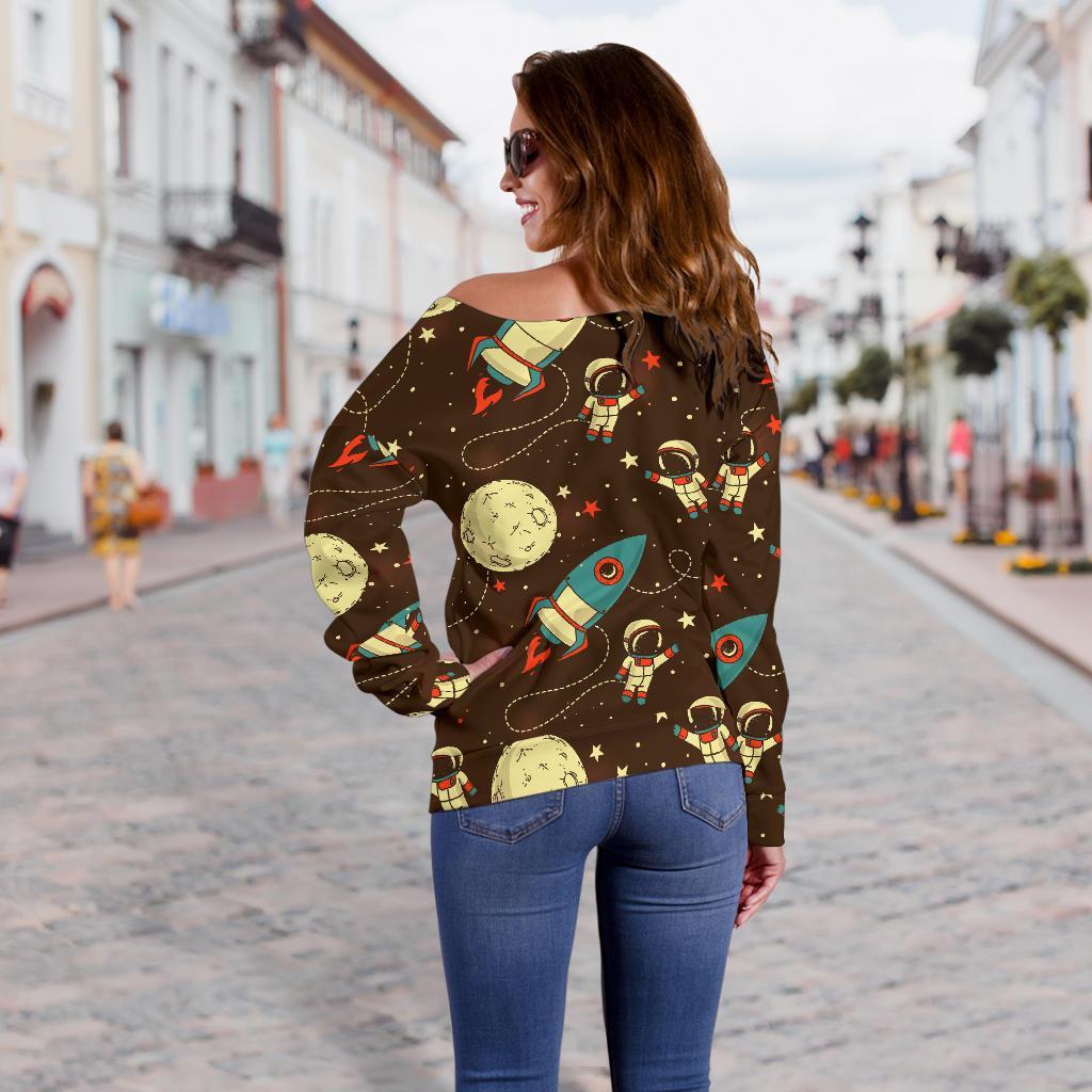 Astronaut Space Pattern Print Women Off Shoulder Sweatshirt-grizzshop