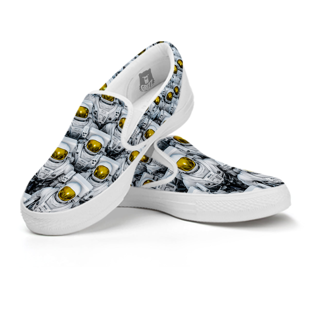 Astronauts Group Print White Slip On Shoes-grizzshop