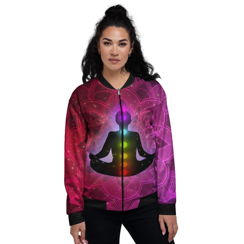 Aura Mandala Chakras Print Women's Bomber Jacket-grizzshop