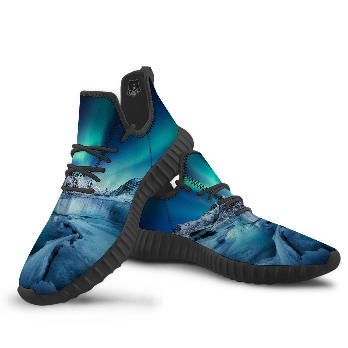 Aurora Borealis Blue Print Black Walking Shoes-grizzshop