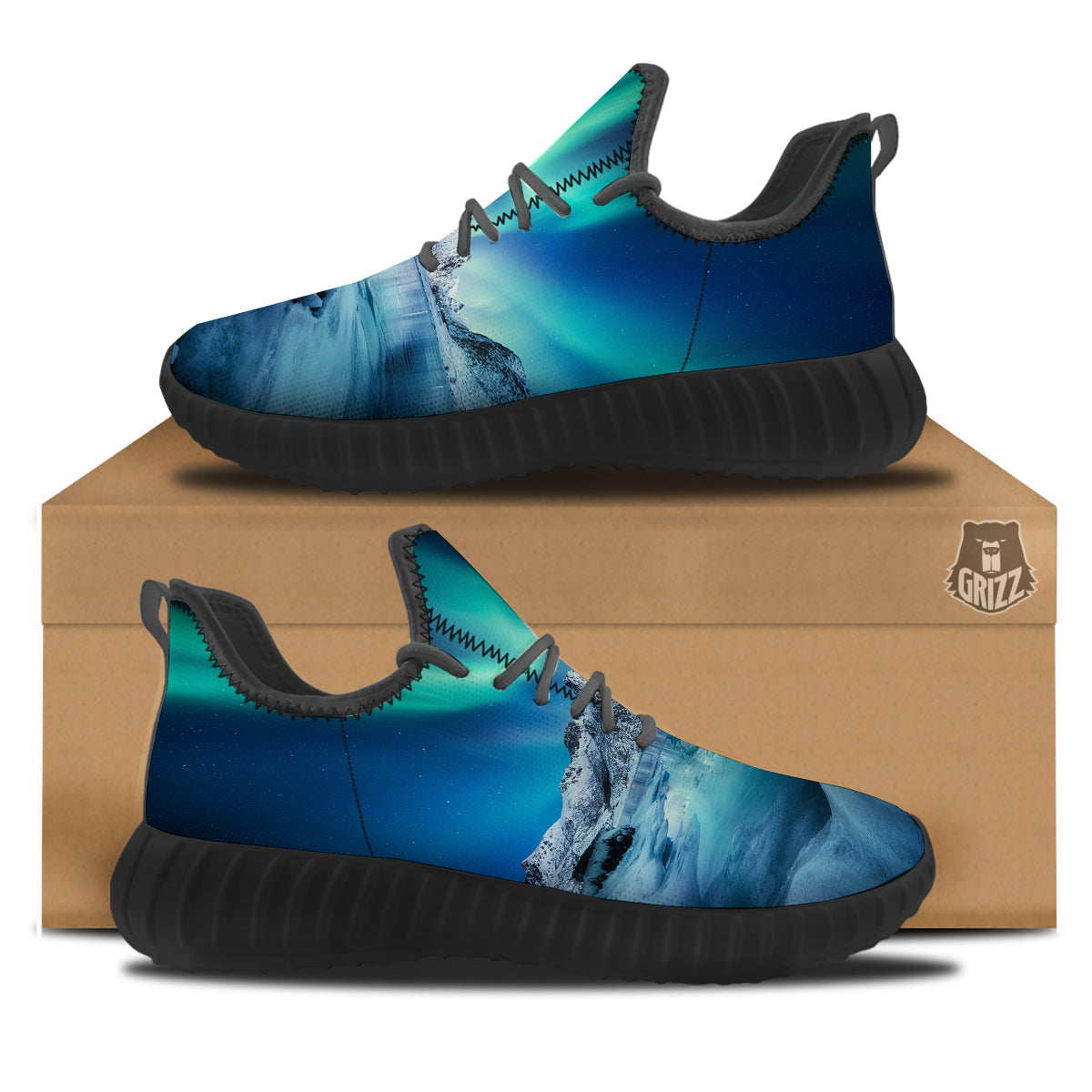 Aurora Borealis Blue Print Black Walking Shoes-grizzshop